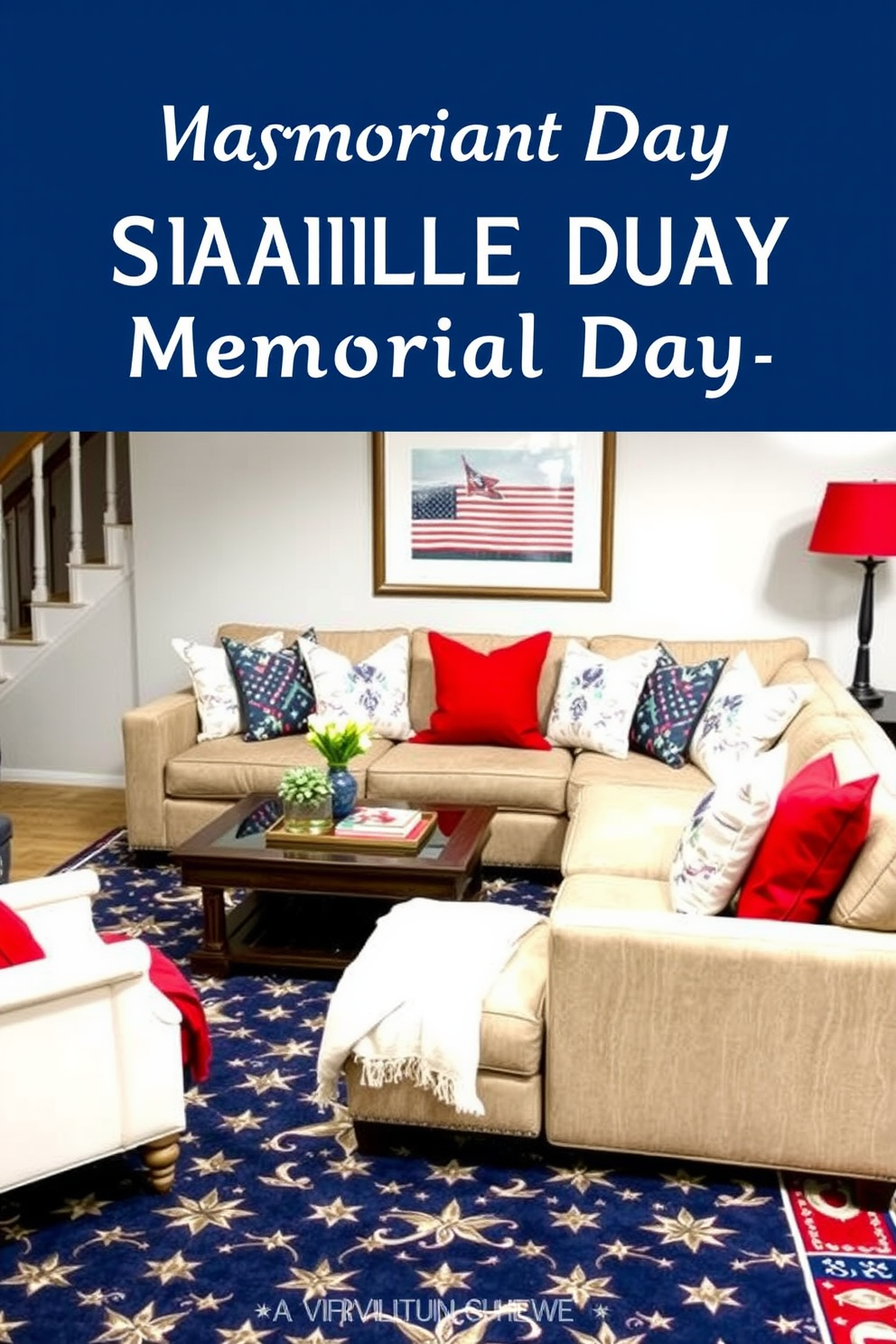 A cozy basement area decorated for Memorial Day features patriotic red white and blue accents throughout the space. The walls are adorned with framed flags and bunting while a plush sofa is draped with a red throw blanket and blue pillows.