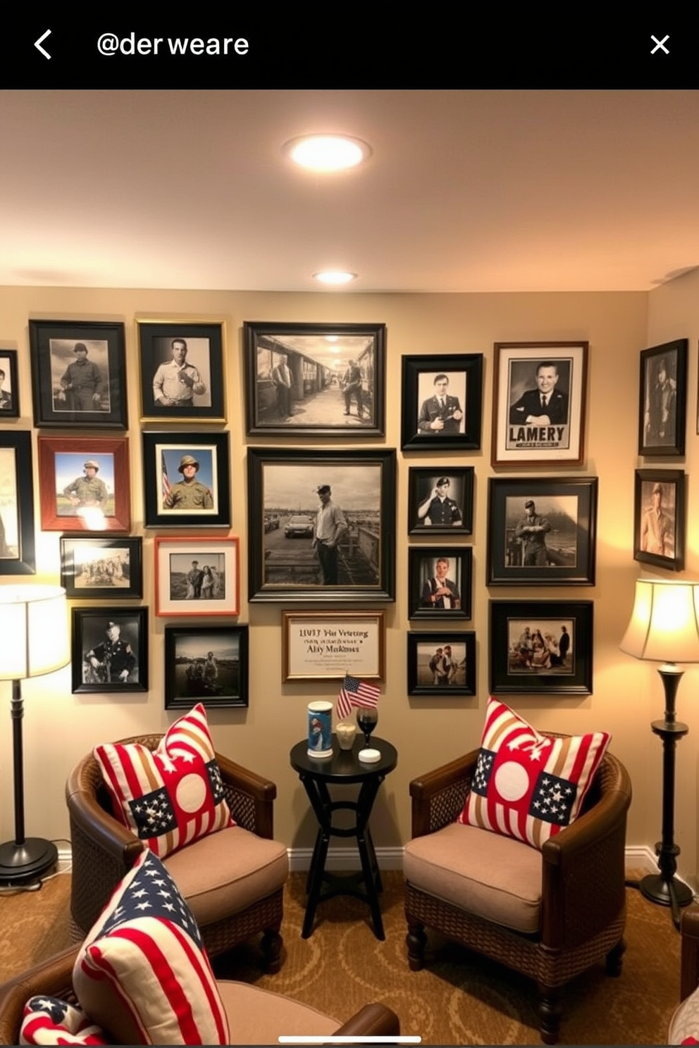 A gallery wall showcases a collection of military photos framed in various styles and colors, celebrating the bravery and service of veterans. The wall is adorned with a mix of black and white images alongside vibrant photographs, creating a visually striking tribute. The basement is designed with a cozy and inviting atmosphere, featuring warm lighting and comfortable seating arrangements. Decorative elements such as patriotic throw pillows and a small table for refreshments enhance the Memorial Day theme, making it a perfect space for gatherings and remembrance.