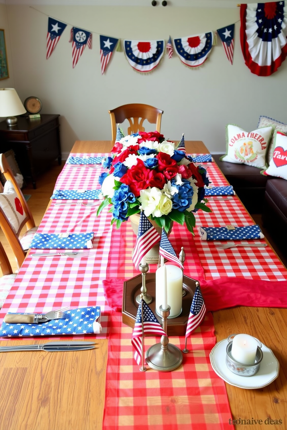 A festive Memorial Day table setting features a long wooden table adorned with a red and white checkered tablecloth. Centered on the table is a beautiful arrangement of fresh flowers in shades of blue, red, and white, complemented by star-spangled napkins and vintage silverware. For Memorial Day basement decorating ideas, the space is transformed with patriotic banners and themed cushions in red, white, and blue. Cozy seating is arranged around a coffee table, which is decorated with candles and small American flags to create a warm and inviting atmosphere.