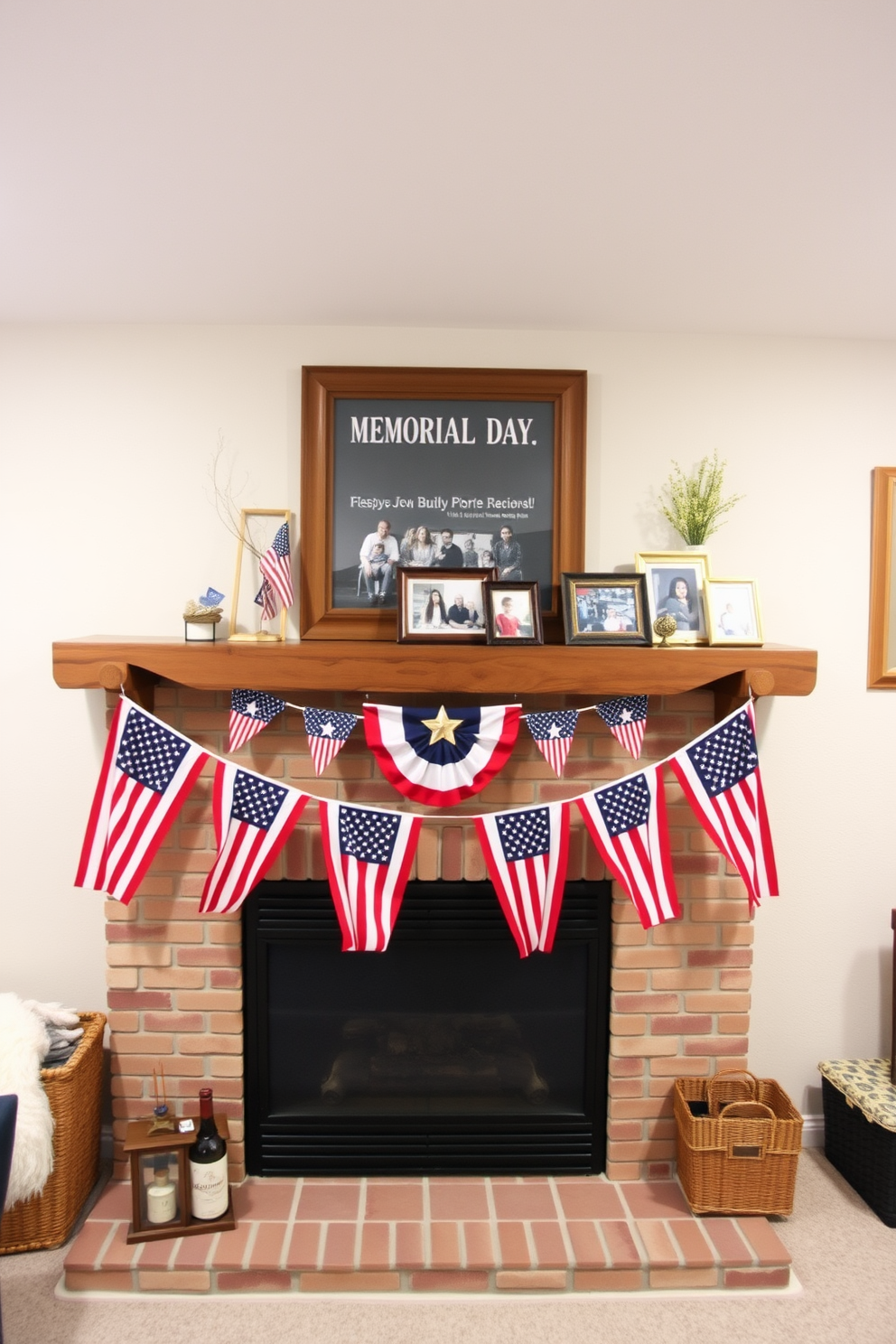 A cozy basement space featuring a fireplace mantel adorned with red white and blue flags for Memorial Day. The mantel is complemented by a rustic wooden shelf displaying framed family photos and seasonal decorations.