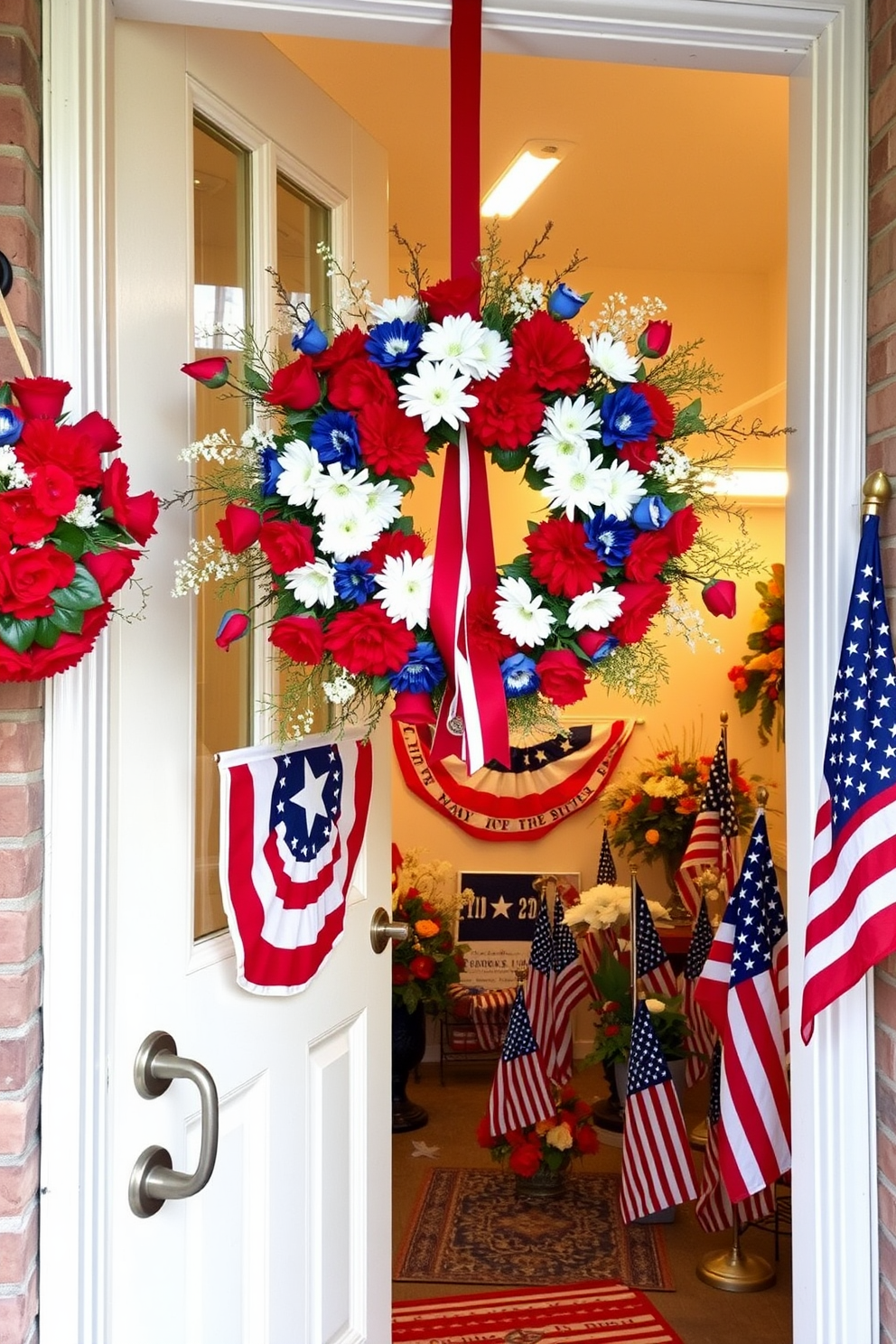 A patriotic wreath adorned with red white and blue flowers hangs prominently on the basement door creating a warm and inviting entrance. Inside the basement vibrant decorations celebrate Memorial Day with themed banners and tasteful arrangements of flags enhancing the festive atmosphere.