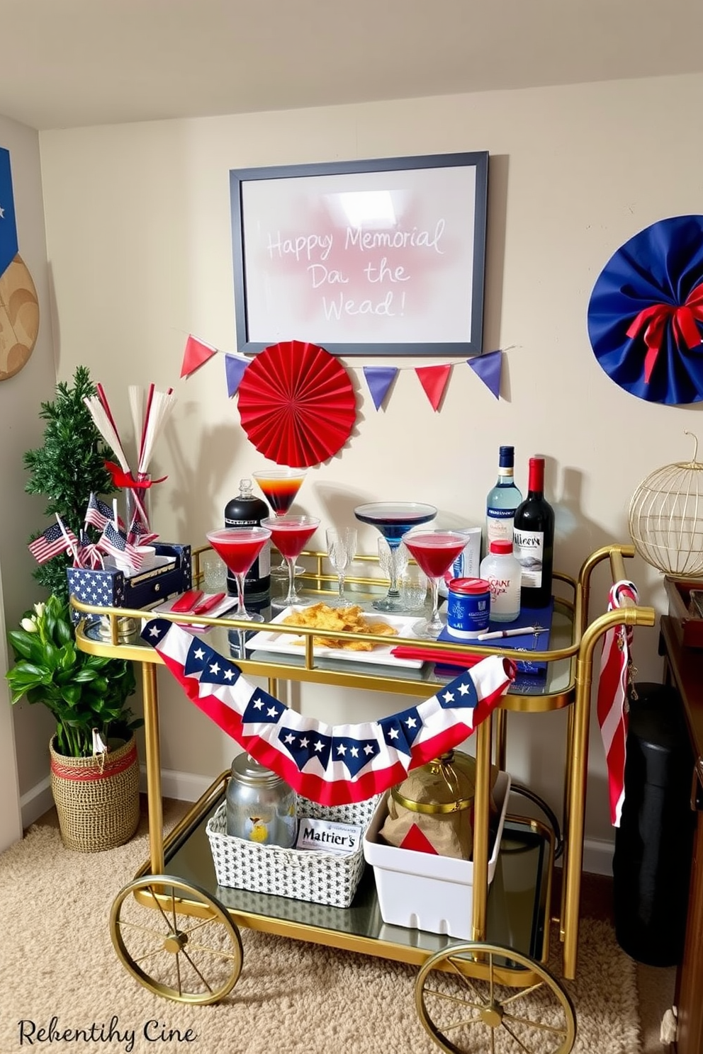 A stylish bar cart is set up in a cozy basement, adorned with red, white, and blue decorations to celebrate Memorial Day. The cart features an array of colorful cocktails, patriotic-themed glassware, and festive snacks, creating a lively atmosphere for gatherings.