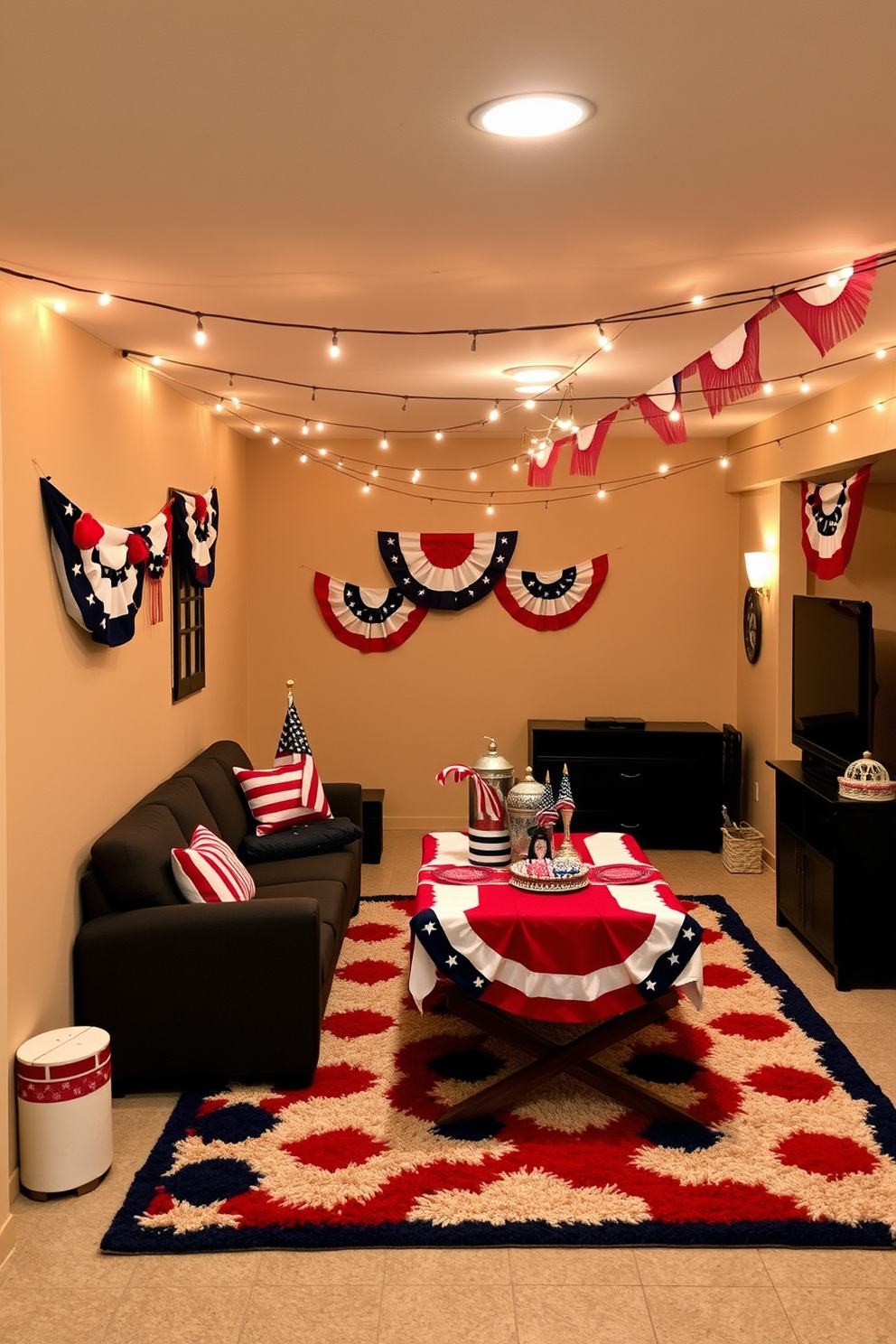 A stylish table centerpiece featuring small American flags arranged in a rustic wooden box surrounded by an assortment of candles in varying heights. The table is adorned with a red and white striped table runner, creating a festive atmosphere for Memorial Day celebrations. A cozy basement decorated with patriotic accents including wall art showcasing the American flag and comfortable seating in navy blue and white hues. Soft lighting from pendant fixtures enhances the inviting ambiance, making it a perfect gathering space for family and friends.