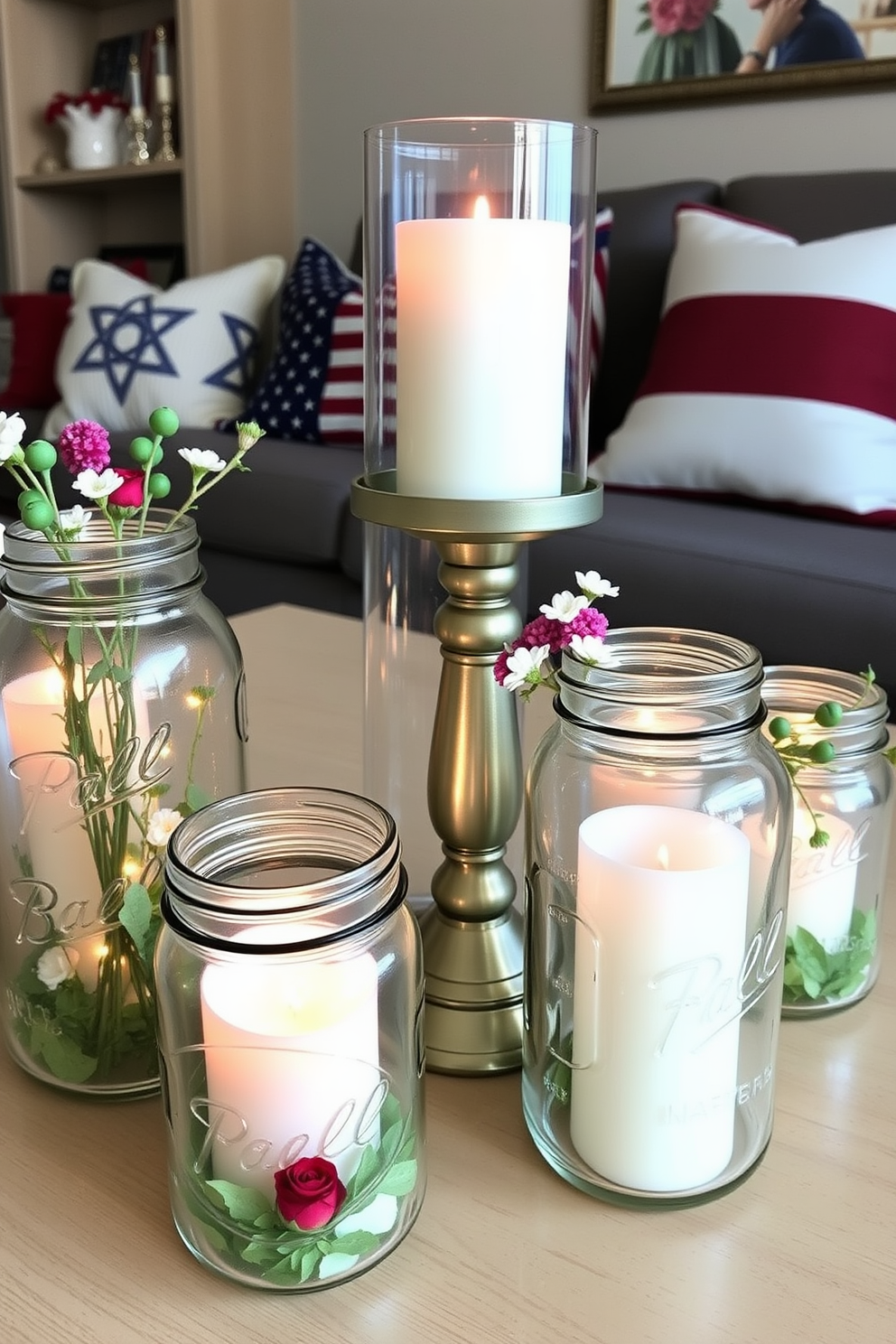 A cozy basement space decorated for Memorial Day. The walls are painted in a soft beige, and colorful DIY painted rocks with patriotic themes are displayed on shelves and tables throughout the room.