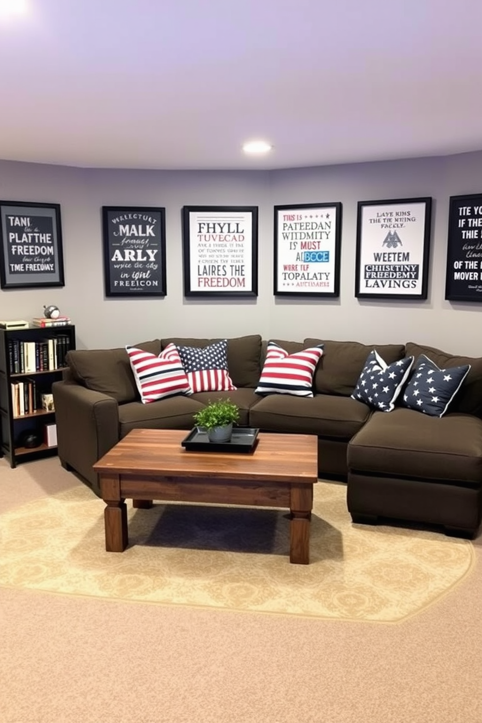 A cozy basement space designed for relaxation and inspiration. The walls are painted in a soft gray tone, and a comfortable sectional sofa is positioned around a rustic wooden coffee table. Framed quotes celebrating freedom are artfully arranged on the walls, featuring various typography styles and colors. A small bookshelf filled with inspiring books sits in one corner, adding a touch of personality to the room. Decorative pillows in patriotic colors enhance the seating area, creating a warm and inviting atmosphere. A stylish area rug with a subtle pattern anchors the space, providing comfort underfoot.