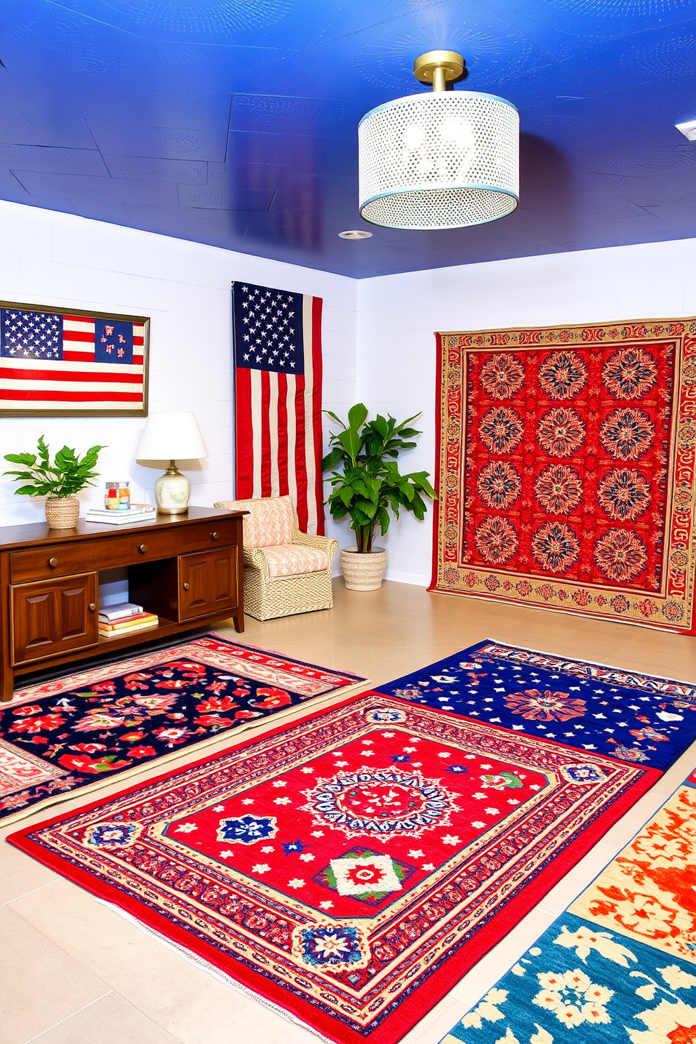 Colorful tableware for festive gatherings. A vibrant mix of plates, bowls, and glasses in shades of red, white, and blue is set on a long wooden table adorned with a cheerful tablecloth. Memorial Day Basement Decorating Ideas. The basement features patriotic decor, including bunting and themed cushions, creating a cozy space for family gatherings and celebrations.