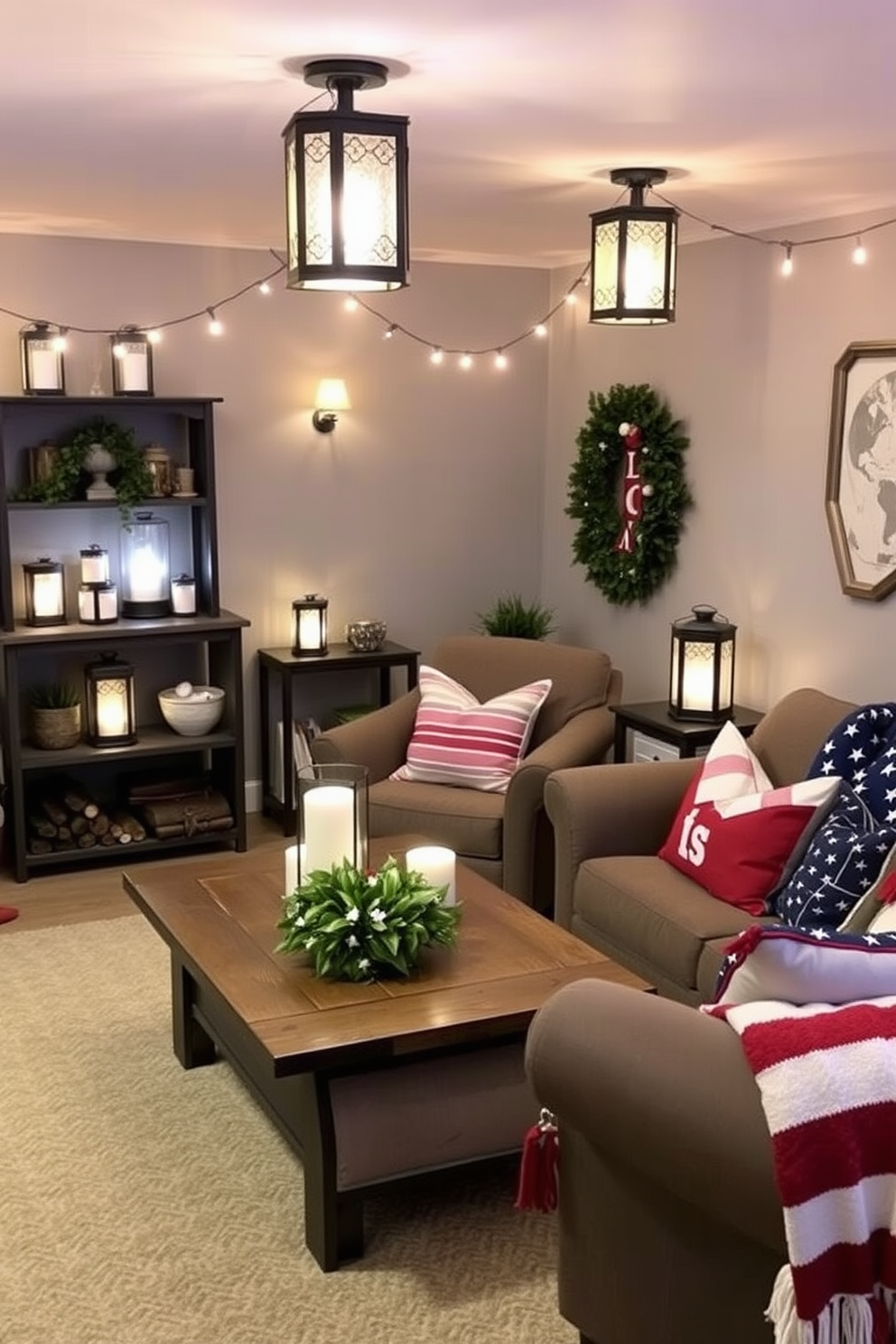 A cozy basement setting adorned with decorative lanterns that emit a warm and inviting glow. The walls are painted in a soft gray, and the space is furnished with comfortable seating and a rustic coffee table. The decorative lanterns are strategically placed on shelves and tables, creating a soothing ambiance for gatherings. Accents of red, white, and blue are incorporated through cushions and throws, celebrating the Memorial Day spirit.