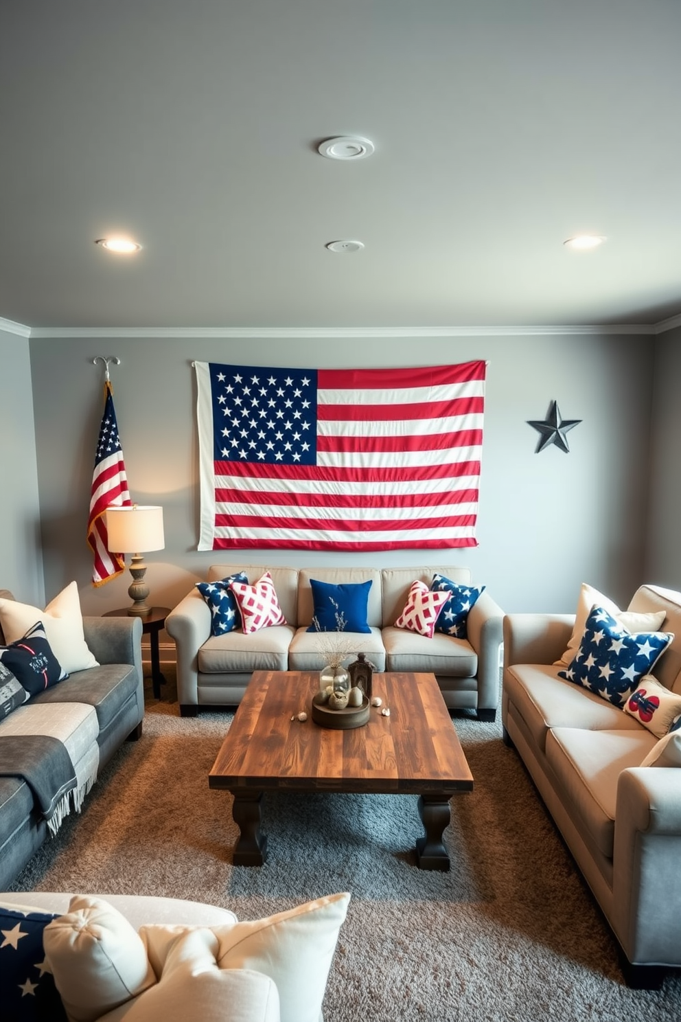 A striking basement space features a large star spangled banner wall art display that serves as the focal point of the room. The walls are painted in a soft gray tone, complementing the vibrant colors of the banner while creating a cozy and inviting atmosphere. Surrounding the artwork, comfortable seating arrangements are created with plush sofas and patriotic-themed throw pillows. A rustic coffee table made of reclaimed wood sits in the center, adorned with small decorative items that celebrate Memorial Day.