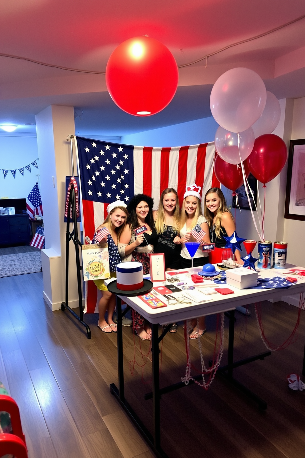 A vibrant DIY photo booth is set up in a spacious basement, adorned with red, white, and blue decorations to celebrate Memorial Day. Colorful props such as hats, glasses, and banners are arranged on a table nearby, inviting guests to capture fun memories. The backdrop features a large American flag and festive balloons, creating a lively atmosphere for photos. Soft lighting enhances the cheerful vibe, making it a perfect spot for family and friends to gather and celebrate.