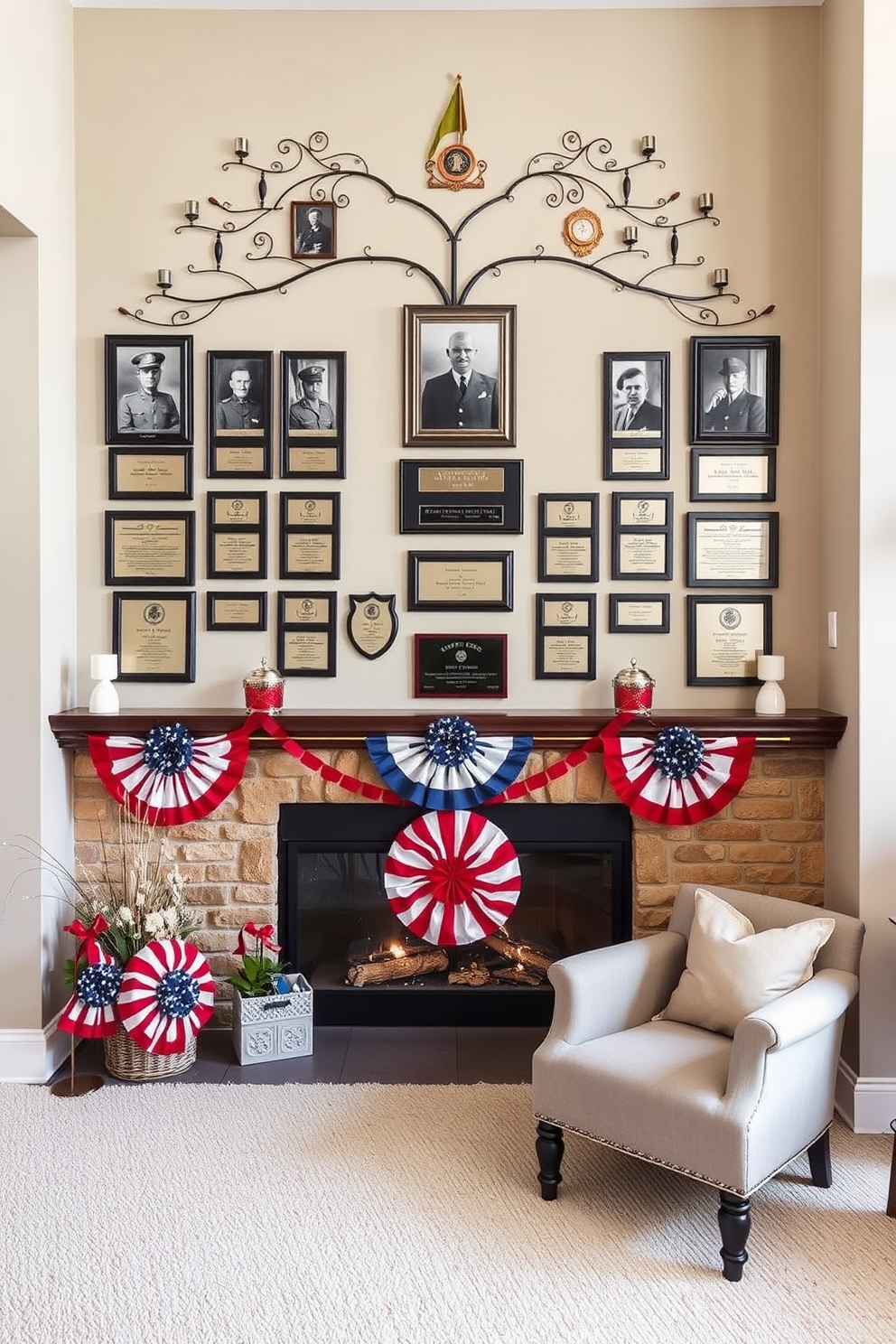 A family tree display showcasing military history is elegantly arranged on a feature wall. The display includes framed photographs of ancestors in uniform, accompanied by plaques detailing their service and achievements. For Memorial Day, the basement is transformed into a tribute space. Red, white, and blue decorations adorn the walls, while a cozy seating area invites family gatherings to honor and remember loved ones.