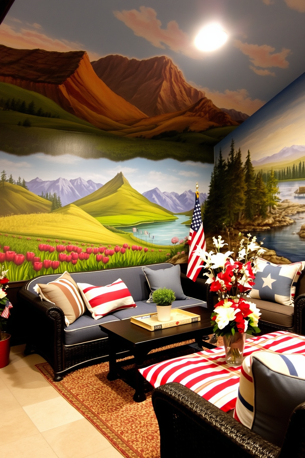 Artistic murals depicting serene American landscapes adorn the walls of the basement, creating a vibrant and inviting atmosphere. The murals feature iconic scenes such as rolling hills, majestic mountains, and tranquil lakes, all painted in rich, earthy tones. For Memorial Day, the basement is decorated with red, white, and blue accents, celebrating the spirit of the holiday. Thoughtful touches include flags, themed cushions, and tasteful centerpieces that honor the occasion while maintaining a stylish look.