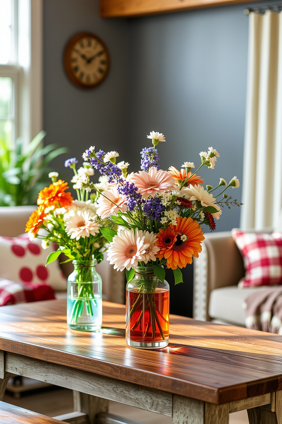 Seasonal floral arrangements in vases filled with vibrant blooms bring life to any space. The vases are artfully arranged on a rustic wooden table, complemented by soft natural lighting that enhances the colors of the flowers. Memorial Day basement decorating ideas include patriotic themes with red, white, and blue accents. Cozy seating areas are created with comfortable cushions and throws, inviting guests to gather and celebrate together.