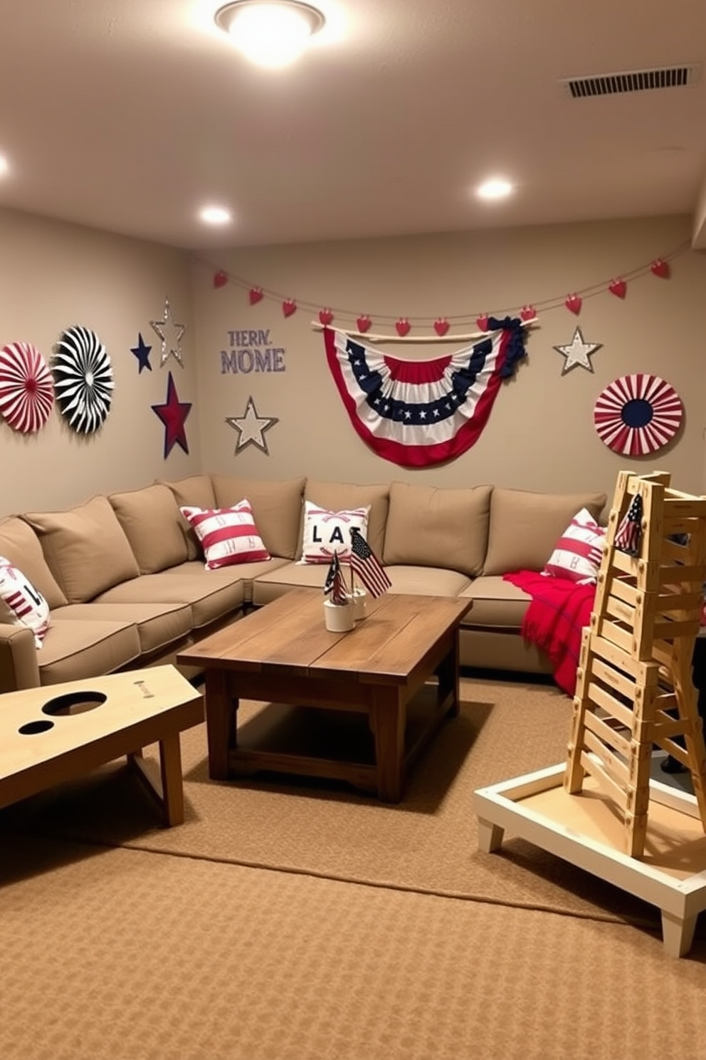 A cozy basement space designed for Memorial Day gatherings. The walls are adorned with red white and blue decorations while a large sectional sofa provides ample seating for guests. A rustic wooden coffee table sits at the center surrounded by patriotic themed games like cornhole and giant Jenga. Soft lighting creates a warm atmosphere perfect for entertaining friends and family.