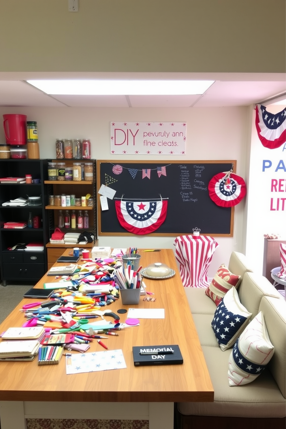 A creative craft station designed for DIY decorations featuring a large wooden table cluttered with colorful supplies such as paints, ribbons, and scissors. Shelves above the table are filled with jars of beads and tools, while a corkboard on the wall displays inspiration and project ideas. A festive Memorial Day basement decorated with red, white, and blue accents including a large banner and themed tablecloths. Cozy seating arrangements with patriotic cushions invite guests to relax and enjoy the holiday atmosphere.