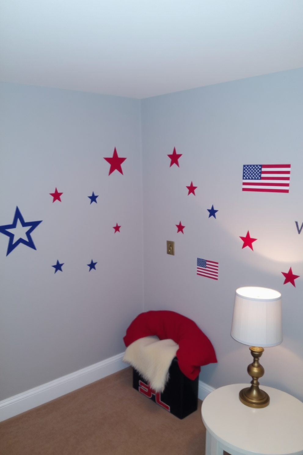 Patriotic cupcakes are beautifully arranged on a tiered display stand, adorned with red, white, and blue frosting. The backdrop features a festive banner and small American flags, creating a vibrant and celebratory atmosphere. The basement is decorated with a cozy and inviting theme, incorporating comfortable seating and soft lighting. Walls are painted in a warm neutral tone, complemented by decorative elements that reflect a patriotic spirit, such as framed artwork and themed cushions.