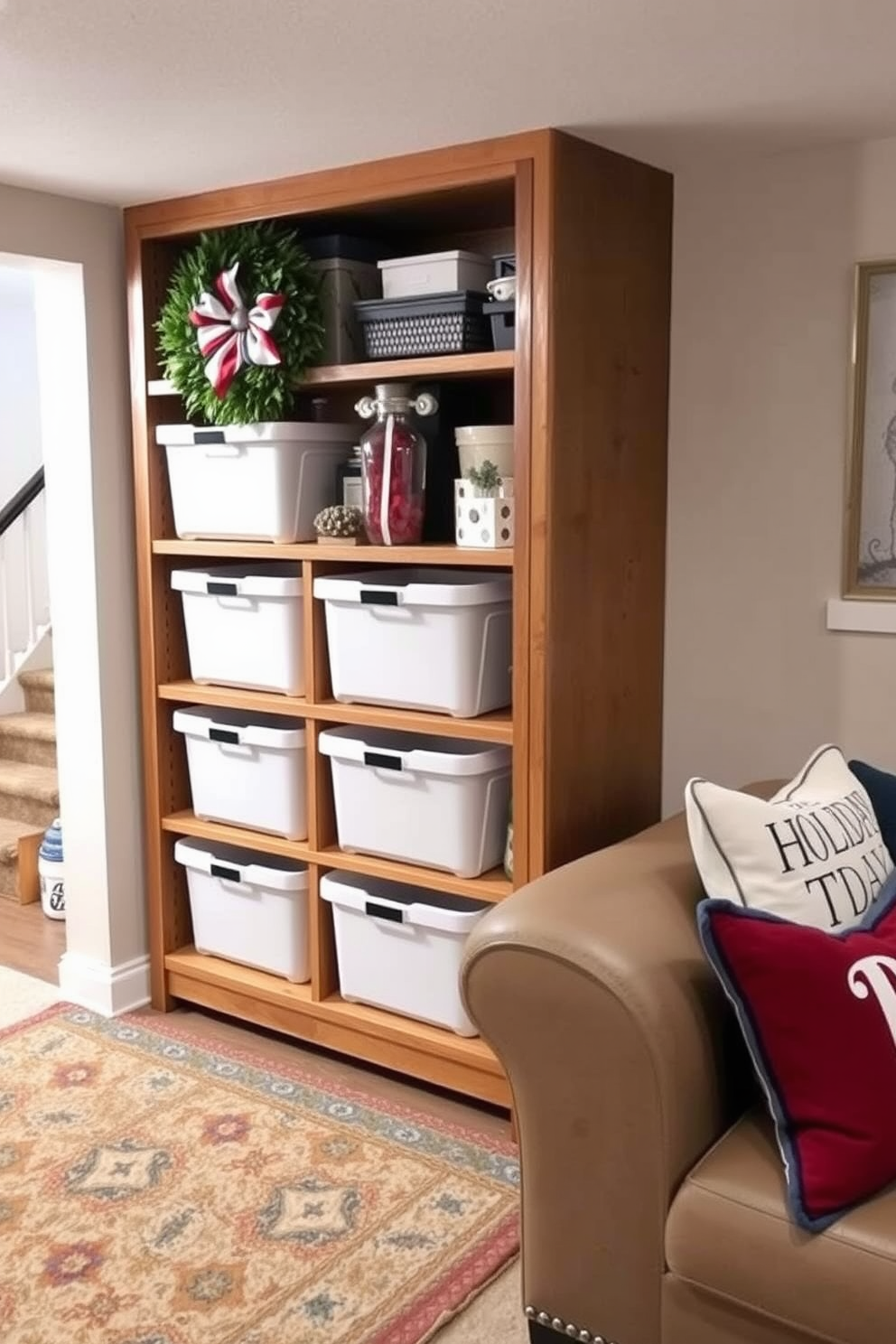 A stylish storage solution for holiday decorations features a sleek wooden shelving unit with neatly organized bins in various sizes. The unit is adorned with seasonal decor, including a patriotic wreath and red, white, and blue accents that celebrate Memorial Day. The basement is transformed into a festive space with bright lighting and comfortable seating arrangements. Decorative elements such as themed throw pillows and a cozy rug enhance the inviting atmosphere for holiday gatherings.