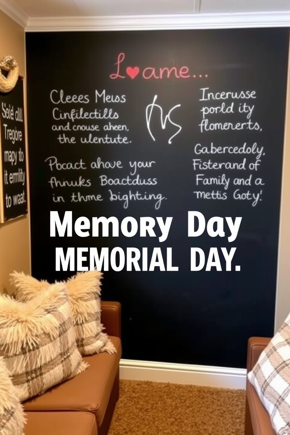 A cozy basement space featuring a chalkboard wall that serves as a canvas for messages and inspirational quotes. The decor includes comfortable seating with plush cushions and a warm color palette to create an inviting atmosphere for family gatherings on Memorial Day.