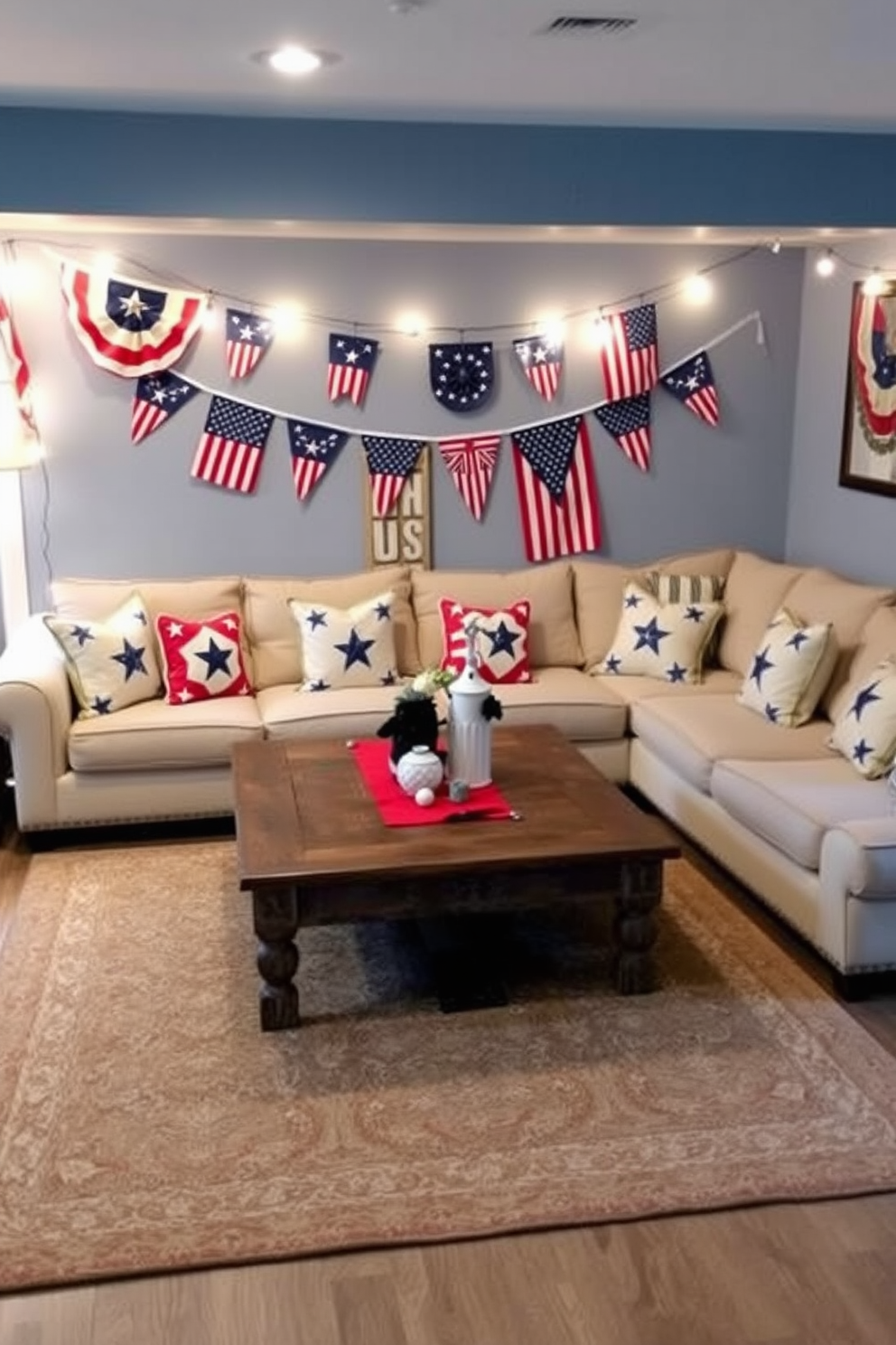 Decorative pillows with star patterns are arranged on a plush sectional sofa in a cozy basement. The walls are painted a soft blue, and a rustic coffee table sits in the center, adorned with a red and white table runner. For Memorial Day, the basement is decorated with festive bunting and a collection of vintage American flags. A large area rug anchors the seating area, while string lights add a warm glow to the space, creating an inviting atmosphere for gatherings.