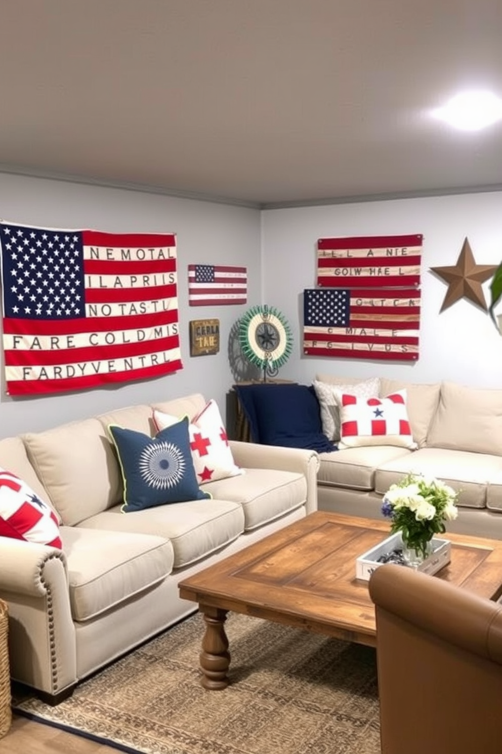 A cozy basement decorated for Memorial Day features vintage American flags artfully displayed on the walls. The space is filled with comfortable seating, including a large sectional sofa and a rustic wooden coffee table, creating an inviting atmosphere for gatherings.