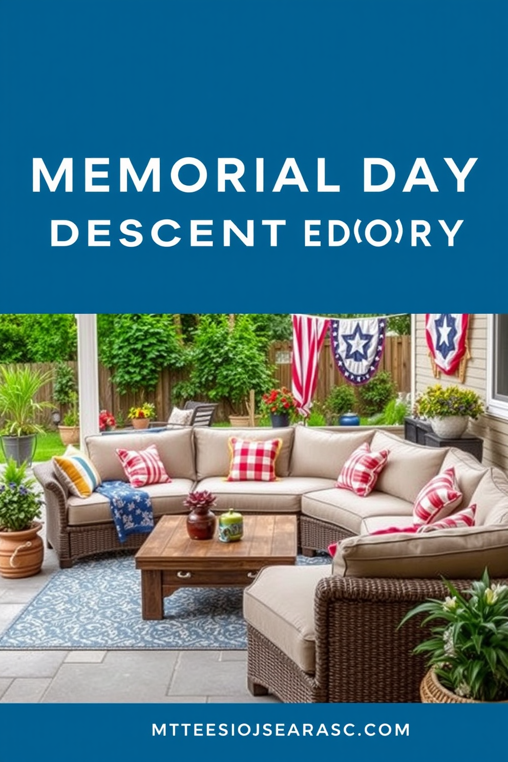 Comfortable outdoor furniture for relaxation. Imagine a spacious patio with a plush sectional sofa adorned with colorful cushions, surrounded by lush greenery and potted plants. Memorial Day basement decorating ideas. Envision a cozy basement space featuring a large sectional sofa, a rustic coffee table, and patriotic decor elements like red, white, and blue throw pillows and banners.