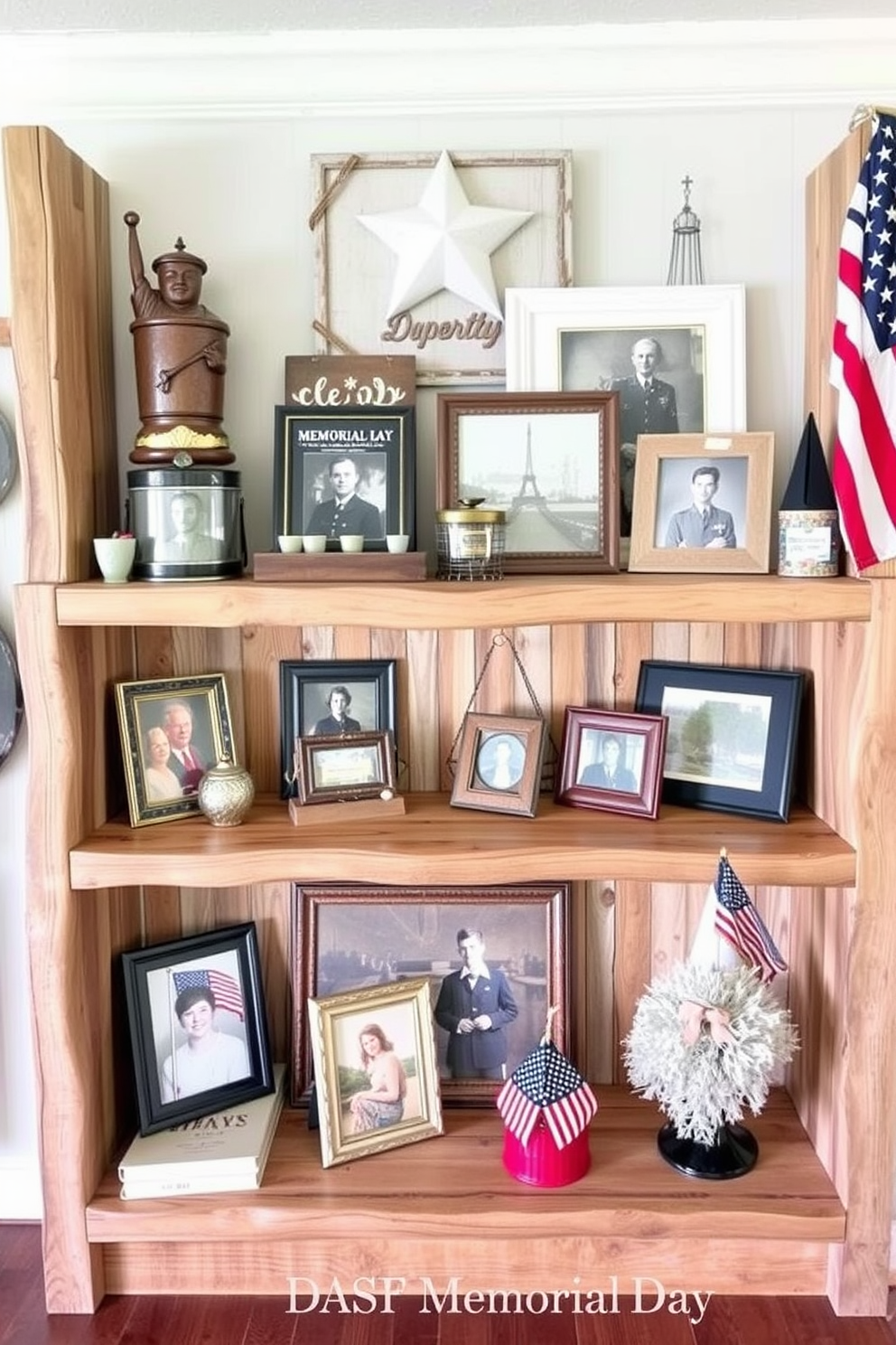 Rustic wooden shelves adorned with various memorabilia create a warm and inviting atmosphere. The shelves showcase a collection of vintage items, framed photographs, and seasonal decorations that pay homage to Memorial Day.