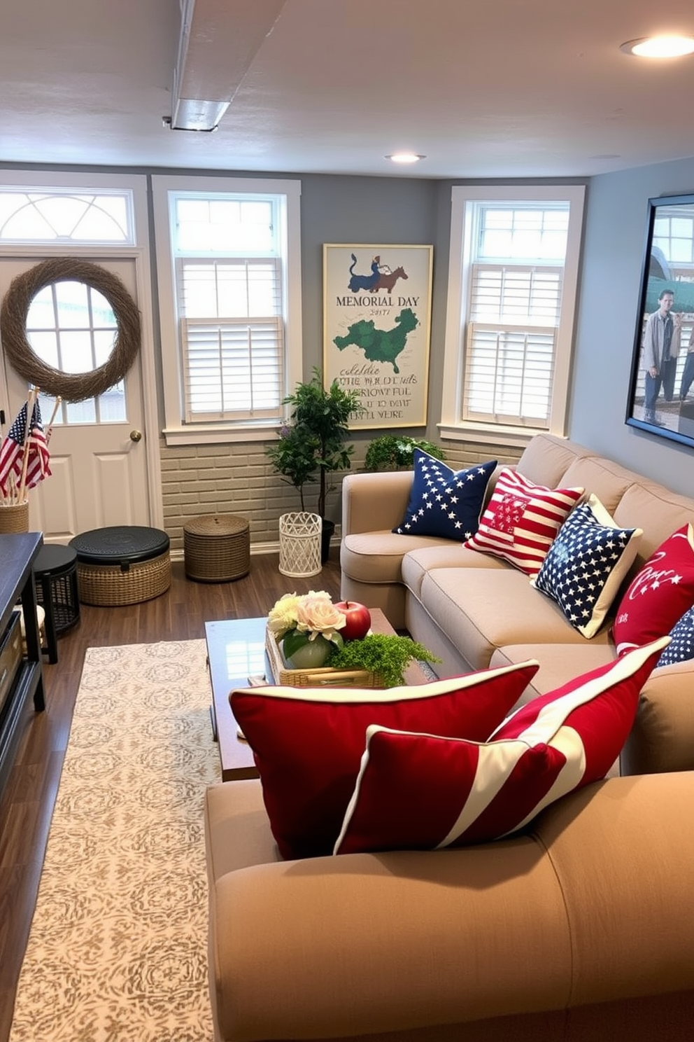 A cozy basement space adorned with festive lanterns casting a warm glow throughout the room. The walls are painted in a soft cream color, and the floor is covered with a plush area rug that adds comfort and style. Decorative elements include patriotic-themed throw pillows on a comfortable sectional sofa and a coffee table topped with seasonal decor. A small bar area is set up in the corner, featuring red, white, and blue accents to celebrate Memorial Day.