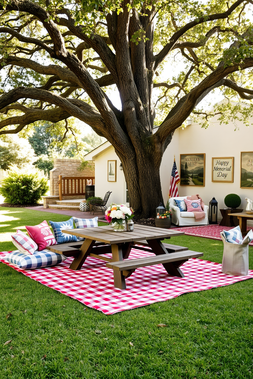 A charming outdoor picnic area is set up under a large oak tree. The scene features a checkered blanket spread across the grass, surrounded by colorful cushions and a rustic wooden picnic table adorned with fresh flowers. The basement is transformed into a cozy retreat with soft lighting and comfortable seating. Warm tones and textured fabrics create an inviting atmosphere, enhanced by wall art that celebrates the spirit of Memorial Day.