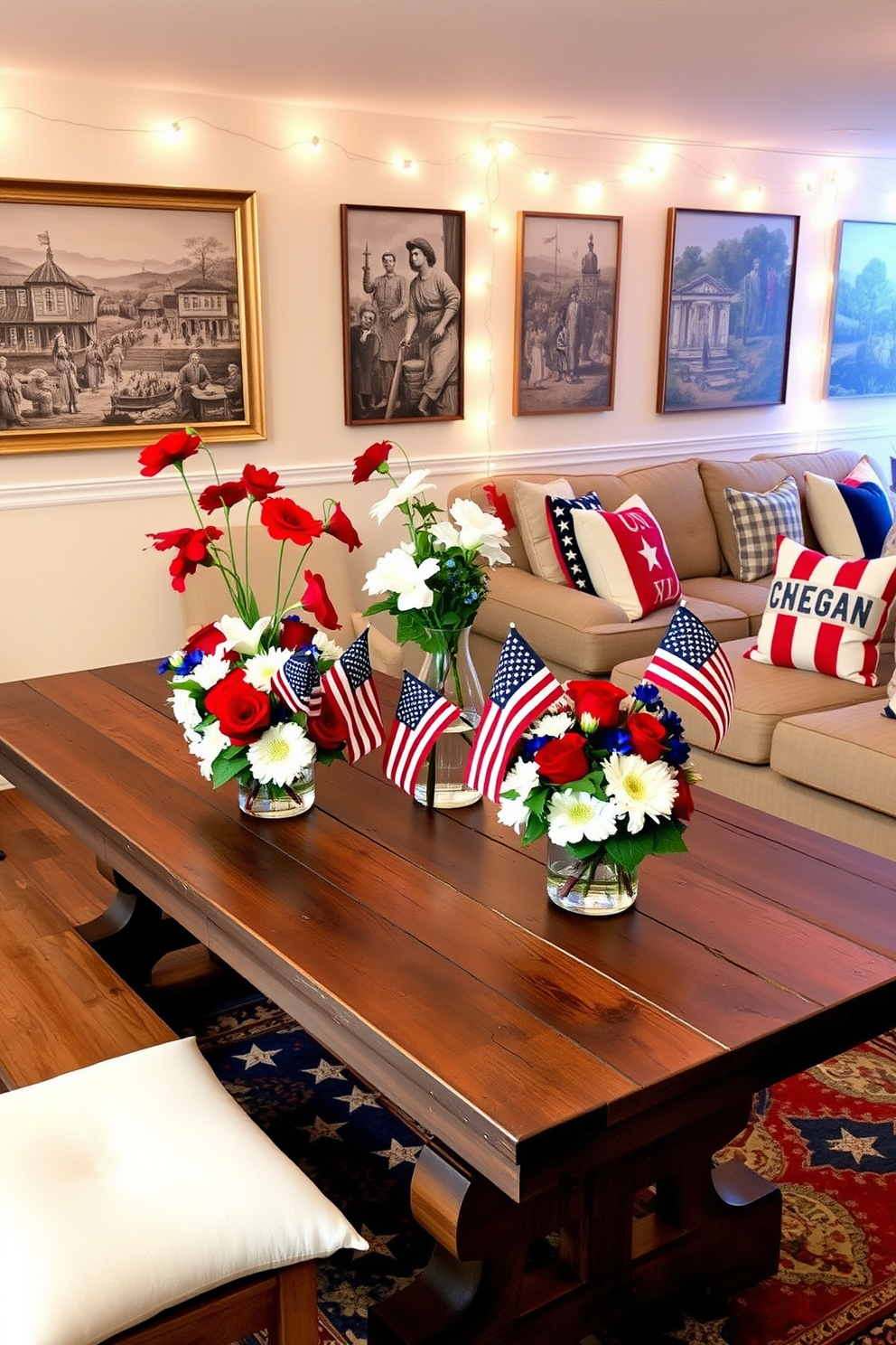 Creative centerpieces with vibrant flowers in red white and blue arrangements are placed on a rustic wooden table. Small American flags are inserted into the floral displays adding a festive touch for Memorial Day celebrations. The basement is decorated with a cozy seating area featuring patriotic throw pillows and a large area rug. Wall art depicting scenes of American history enhances the festive atmosphere while string lights provide a warm inviting glow.