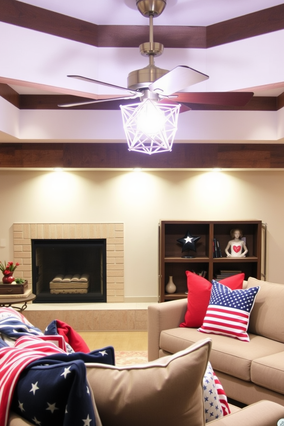 A family photo collage is displayed prominently on a feature wall in the basement. The collage includes a variety of framed pictures capturing cherished moments, interspersed with small flags representing different branches of the military. The basement is decorated with a patriotic theme for Memorial Day. Red, white, and blue accents are incorporated through throw pillows, blankets, and wall art that honor the spirit of the holiday.