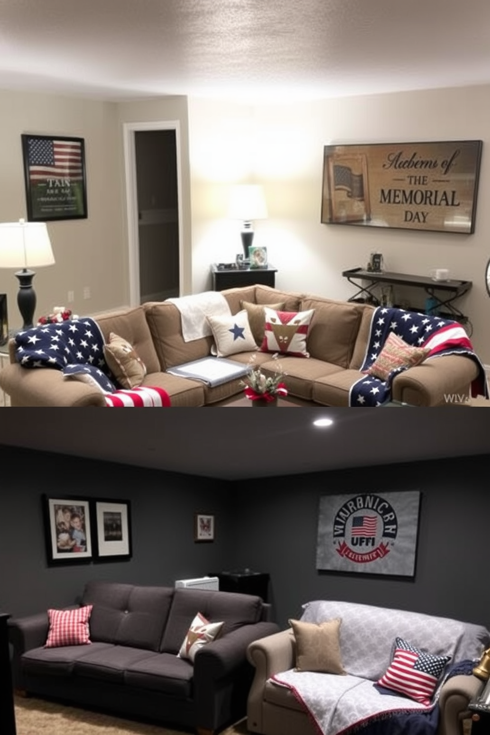 Themed throw blankets in patriotic colors are draped over a cozy sectional sofa, creating a warm and inviting atmosphere. The living space is adorned with red, white, and blue accents, including decorative pillows and a festive centerpiece on the coffee table. The basement is transformed into a comfortable retreat, featuring a combination of soft lighting and inviting furniture. Wall art that reflects the spirit of Memorial Day adds a personal touch, while a small bar area offers refreshments for gatherings.