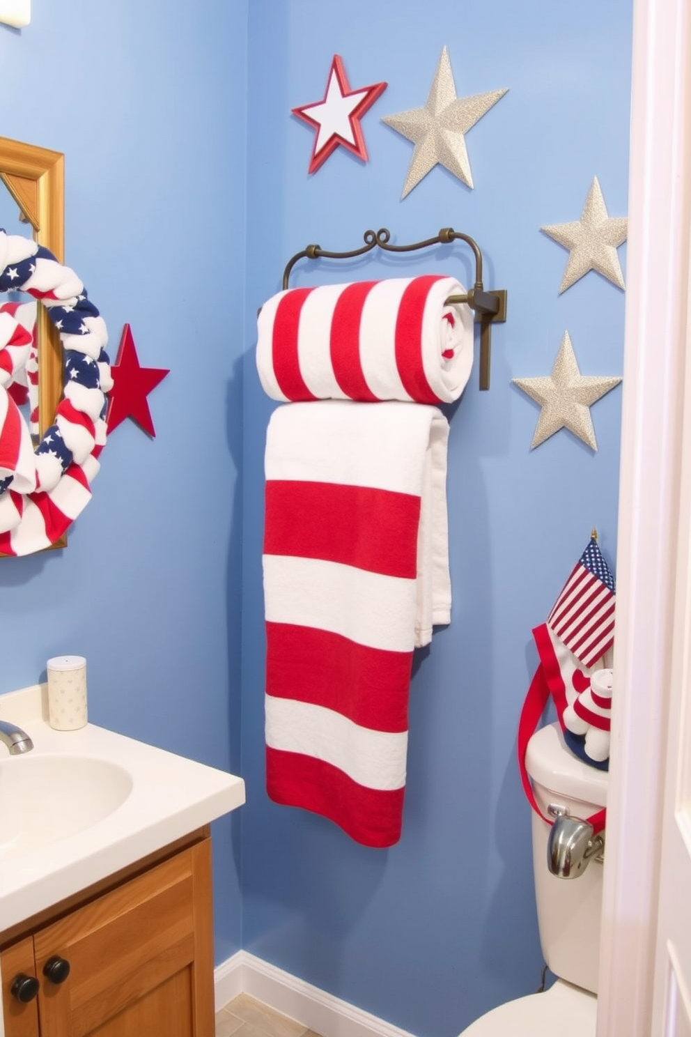 A vibrant bathroom featuring a patriotic shower curtain adorned with bold stars and stripes. The space is accented with red white and blue decor elements creating a festive atmosphere for Memorial Day celebrations.