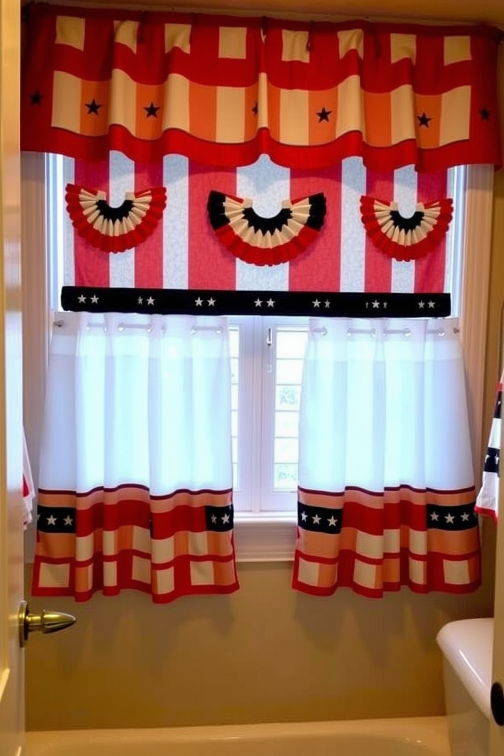 A festive bathroom decorated with Fourth of July themed wall decals. The walls are adorned with stars and stripes in red white and blue creating a patriotic atmosphere. For Memorial Day the bathroom features elegant decorations that honor the holiday. Subtle touches like a small flag arrangement and a tasteful wreath add a respectful and stylish ambiance.