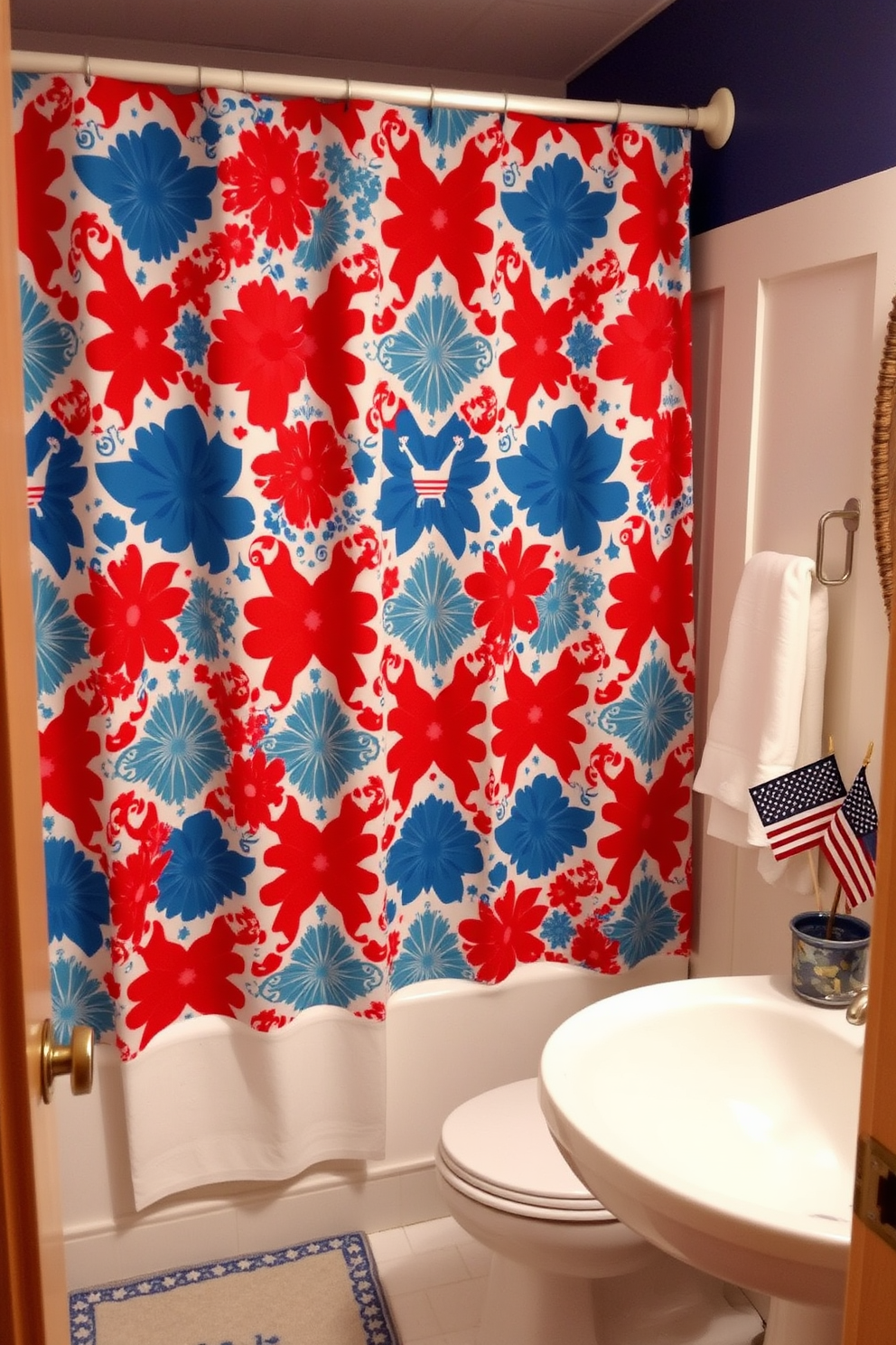 A vibrant bathroom setting featuring a red and blue patterned shower curtain that adds a festive touch. The walls are adorned with subtle white accents, and decorative elements inspired by Memorial Day create a patriotic atmosphere.