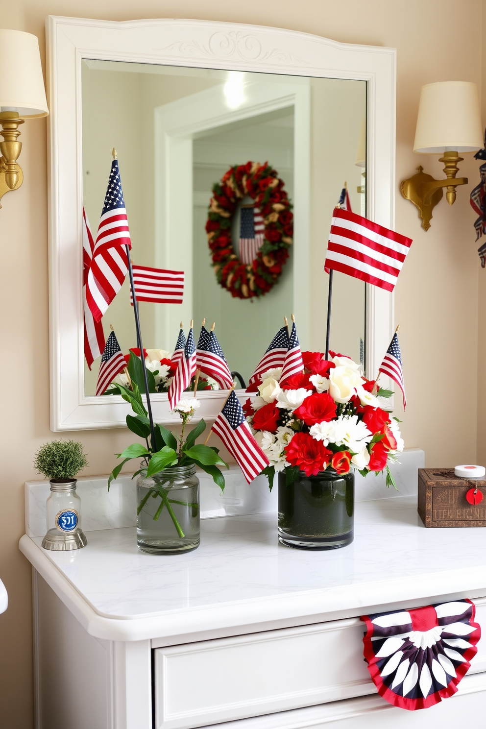 Create a charming bathroom setting that features vibrant miniature flags integrated into beautiful flower arrangements. The arrangements should be placed on a stylish vanity, surrounded by patriotic decor that celebrates Memorial Day.