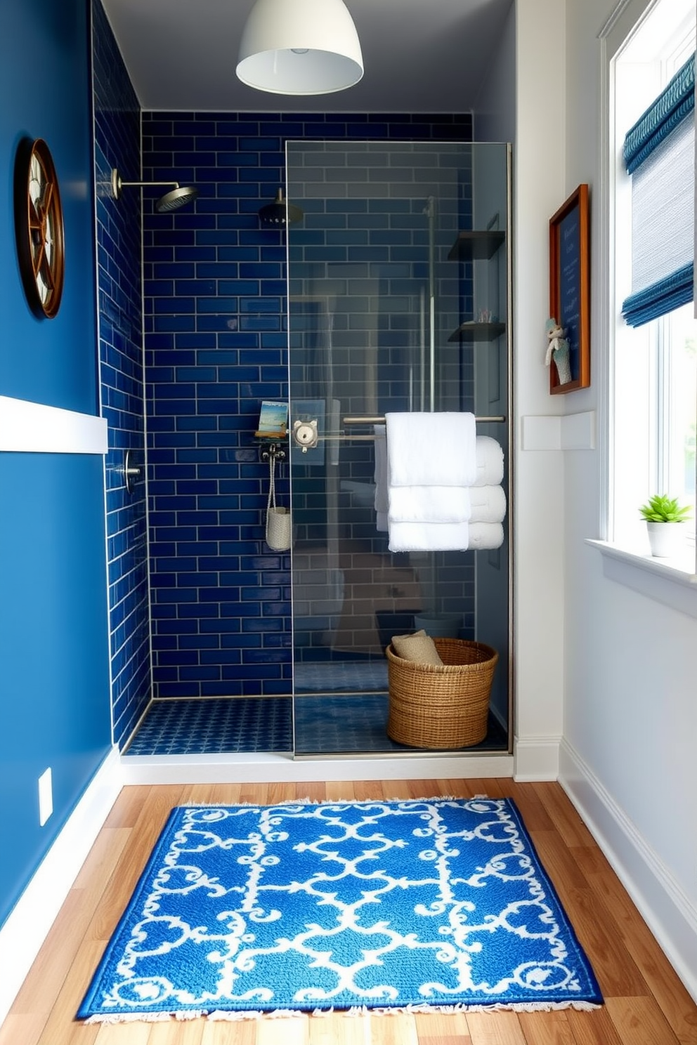 A serene bathroom setting featuring a blue and white rug set that adds a refreshing touch to the space. The walls are adorned with subtle nautical-themed decor, and a small potted plant sits on the windowsill, enhancing the inviting atmosphere. The shower area is enclosed with clear glass, showcasing elegant blue tiles that complement the rug. Soft white towels are neatly arranged on a wooden shelf, creating a cohesive and stylish look for a Memorial Day celebration.