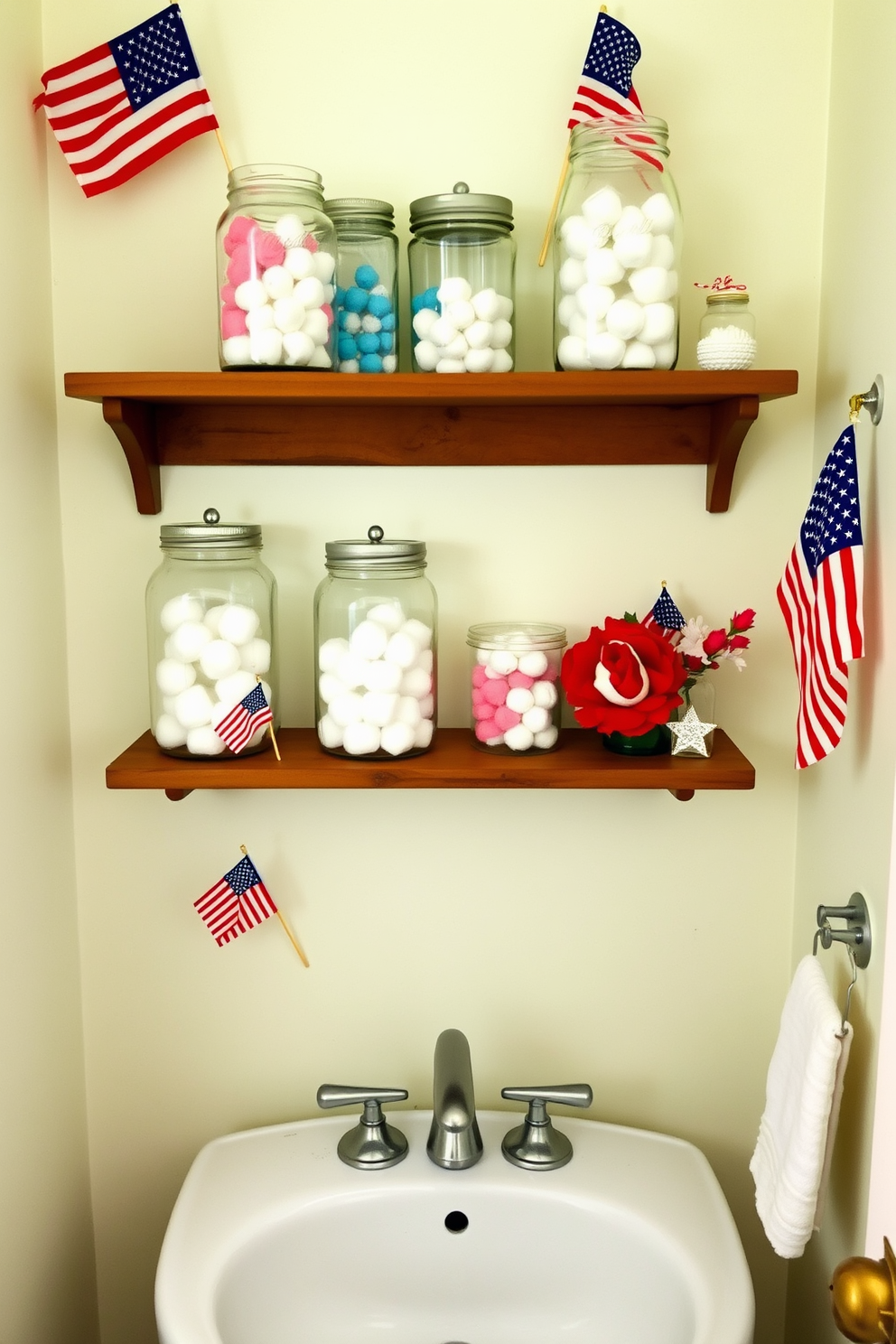 Create a charming bathroom scene featuring vintage glass jars used for storage. The jars are filled with colorful bath salts and cotton balls, arranged neatly on a rustic wooden shelf above a white porcelain sink. Incorporate festive Memorial Day decorations, such as small American flags and red, white, and blue accents. The walls are painted in a soft pastel color, complementing the vintage aesthetic of the space.