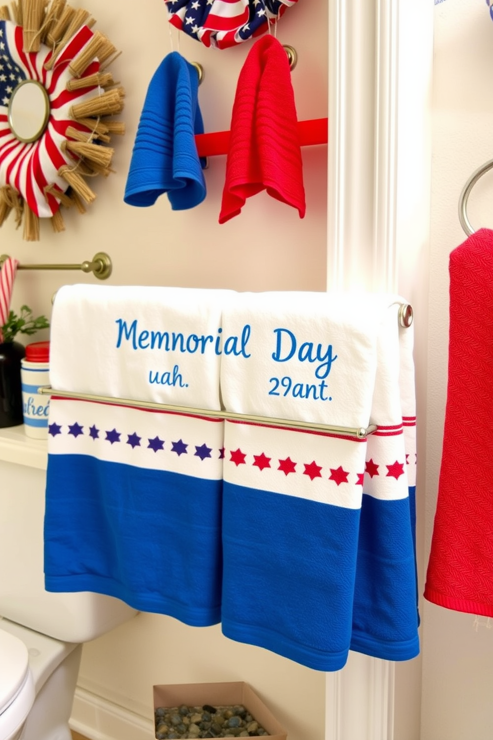 A festive bathroom setting featuring red and blue hand towels that celebrate Memorial Day. The towels are neatly arranged on a stylish rack, complemented by patriotic-themed decor elements throughout the space.