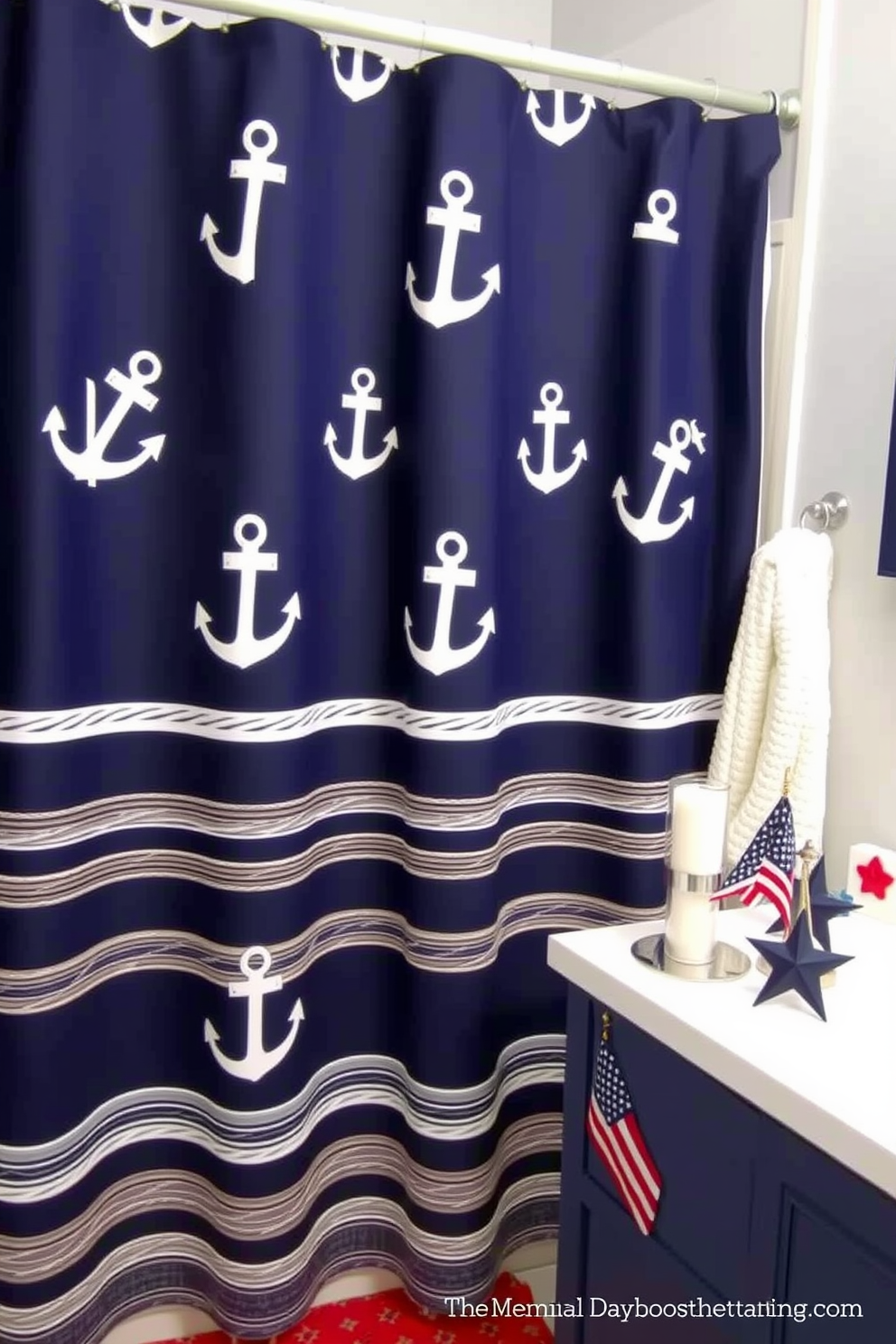 A nautical themed shower curtain design features a deep navy blue background adorned with white anchors and ropes. Complementing this, the curtain has subtle stripes that evoke a sense of the sea, creating a refreshing coastal vibe. For Memorial Day bathroom decorating ideas, incorporate red, white, and blue accents throughout the space. Add decorative elements like star-shaped candles and a small flag display to honor the holiday while maintaining a stylish atmosphere.