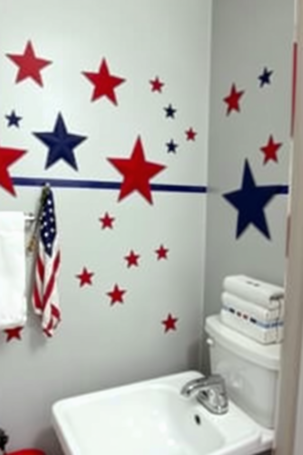 A patriotic themed wall hanging gallery adorns the bathroom walls with framed artwork featuring the American flag and symbols of freedom. The decor includes vintage-style posters and canvas prints that celebrate Memorial Day, creating a warm and inviting atmosphere.