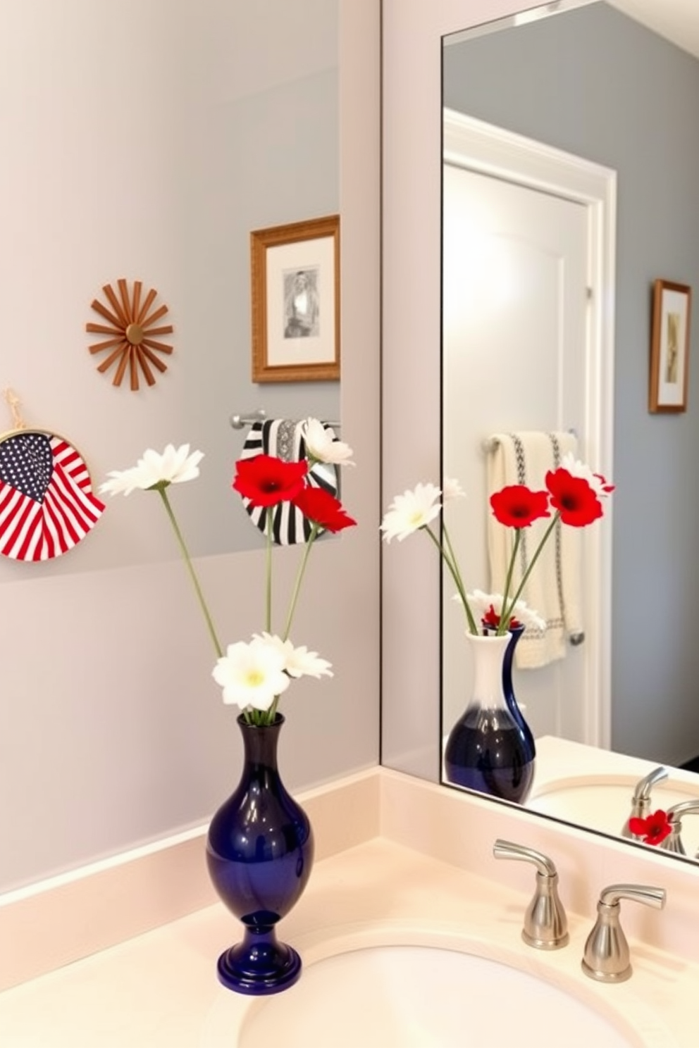 A vibrant bathroom setting features red white and blue accent vases strategically placed on the countertop. The walls are adorned with subtle patriotic decor, creating a festive yet elegant atmosphere for Memorial Day celebrations.