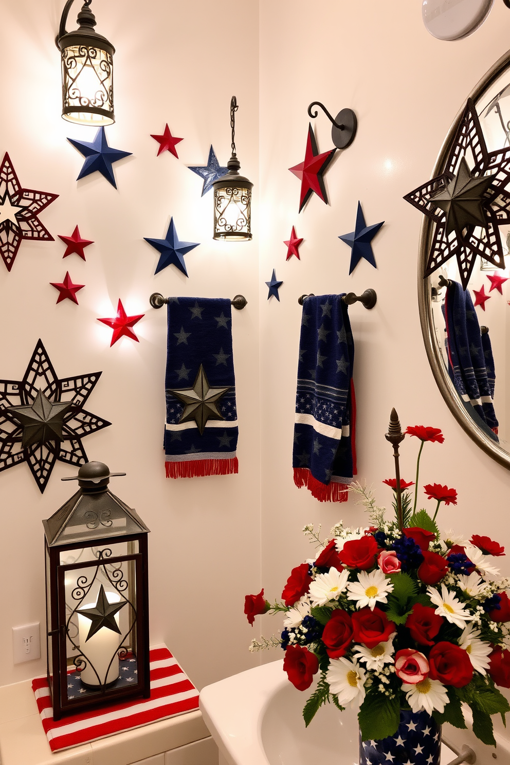 A collection of nautical themed bath accessories featuring navy blue and white striped towels, a seashell-shaped soap dish, and a decorative anchor wall art. The shower curtain displays a vibrant ocean scene, and a woven basket holds beach-themed decor items, creating a refreshing coastal atmosphere. For Memorial Day bathroom decorating ideas, incorporate red, white, and blue accents with festive towels and a patriotic shower curtain. Add star-shaped candles and a small flag display on the countertop to celebrate the holiday while maintaining a stylish look.