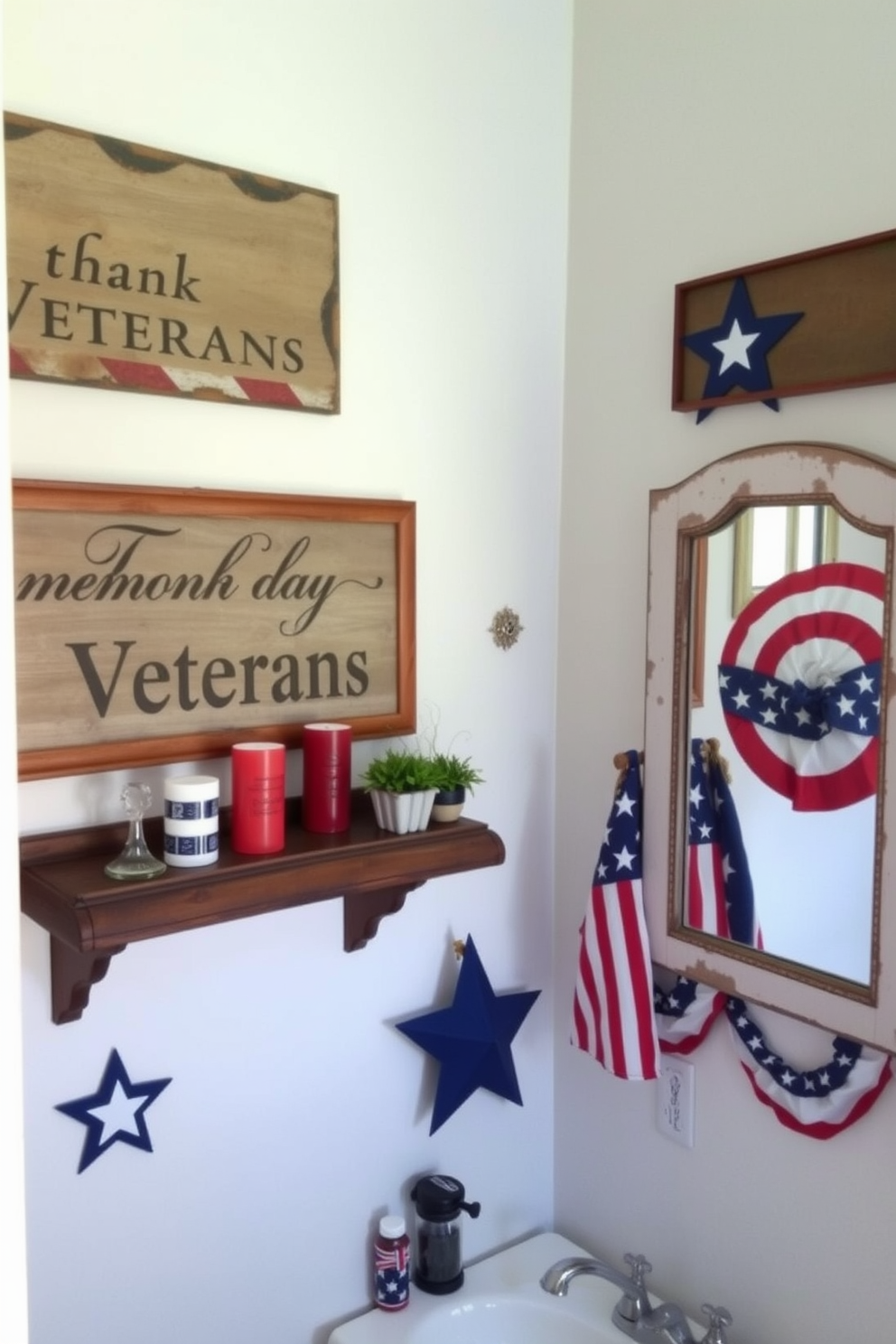 A patriotic themed bathroom featuring signs that celebrate Memorial Day. The walls are adorned with red white and blue decorations including a large sign that reads Thank You Veterans. The decor includes a rustic wooden shelf displaying candles in patriotic colors and a small potted plant. A vintage-style mirror with a distressed frame hangs above the sink reflecting the themed decor.