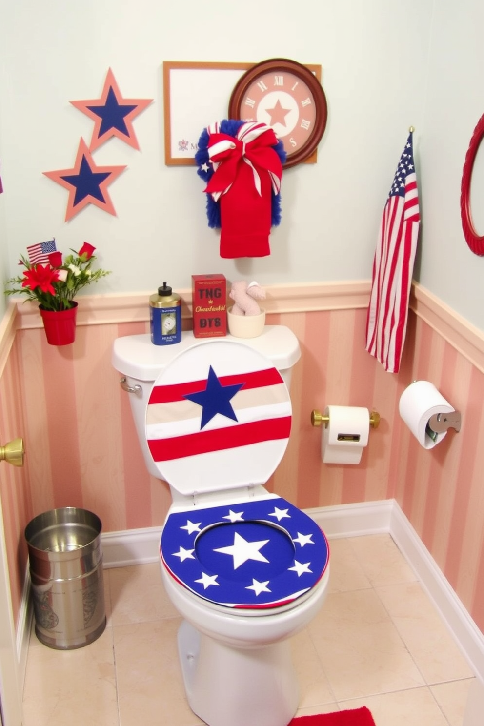 A vibrant bathroom setting featuring a stars and stripes toilet seat cover that adds a festive touch. The walls are adorned with red, white, and blue accents, complemented by decorative items celebrating Memorial Day.