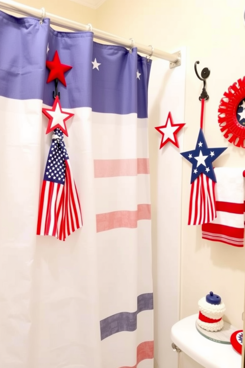 A patriotic themed bathroom featuring shower curtain hooks adorned with stars and stripes. The decor includes red white and blue accents throughout the space to celebrate Memorial Day.