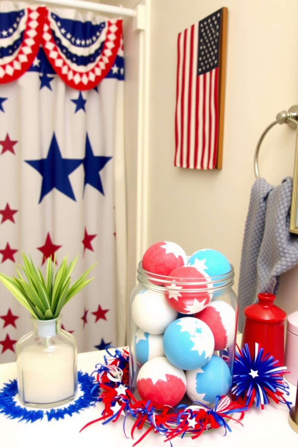 Create a vibrant bathroom scene celebrating Memorial Day. The decor features red, white, and blue bath bombs displayed in a clear glass jar on the countertop, surrounded by festive decorations. In the background, a shower curtain adorned with stars and stripes hangs elegantly. The walls are painted in a soft white, complementing the colorful accents and creating a cheerful atmosphere.