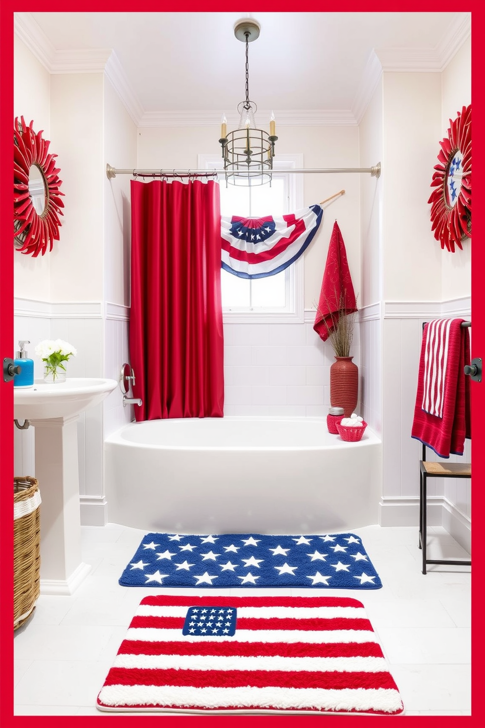 A patriotic bathroom design featuring a stars and stripes bath mat that adds a festive touch. The decor includes red, white, and blue accents throughout, creating a cohesive and inviting atmosphere for Memorial Day celebrations.