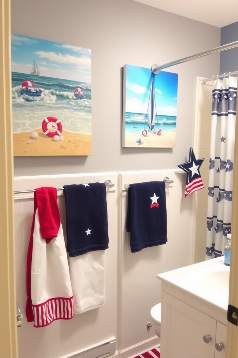 A vibrant bathroom adorned with colorful patriotic wall stickers celebrating Memorial Day. The stickers feature stars and stripes in red, white, and blue, creating a festive atmosphere that honors the holiday.