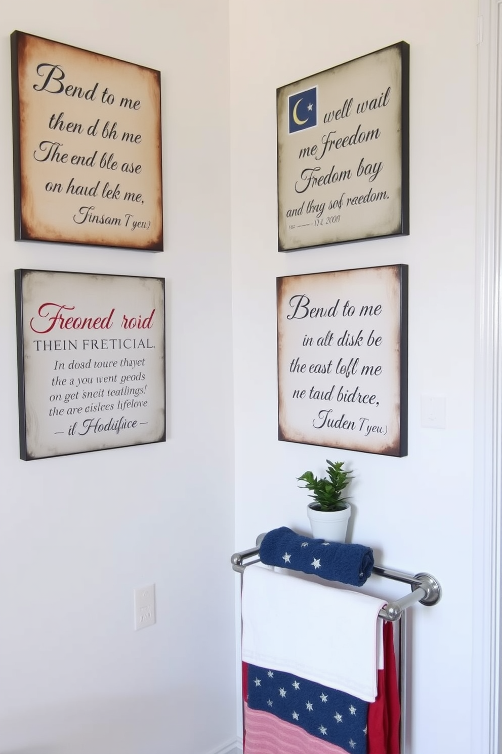 Patriotic wall art featuring inspiring quotes about freedom and sacrifice adorns the walls of a serene bathroom space. The artwork is complemented by a soft color palette of whites and blues, creating a calming atmosphere for reflection. Decorative elements include a tasteful display of red, white, and blue towels neatly arranged on a stylish rack. A small potted plant adds a touch of greenery, enhancing the overall patriotic theme while maintaining a fresh and inviting ambiance.