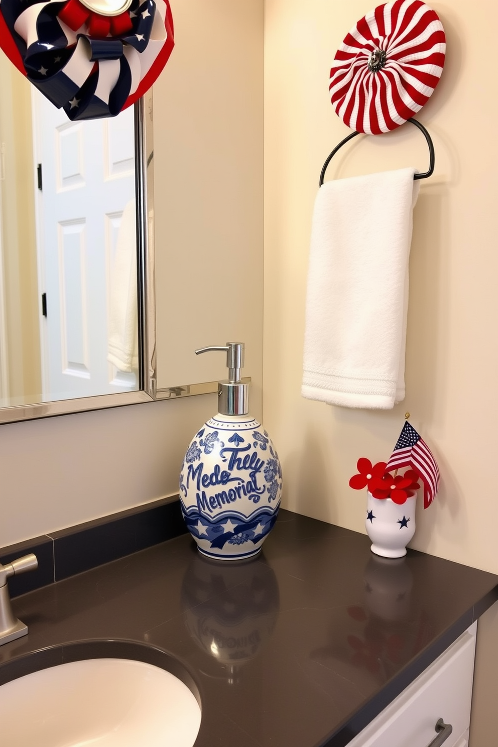 A charming bathroom scene featuring a blue and white ceramic soap dispenser placed on a sleek countertop. The decor incorporates Memorial Day elements with red, white, and blue accents, creating a festive and inviting atmosphere.