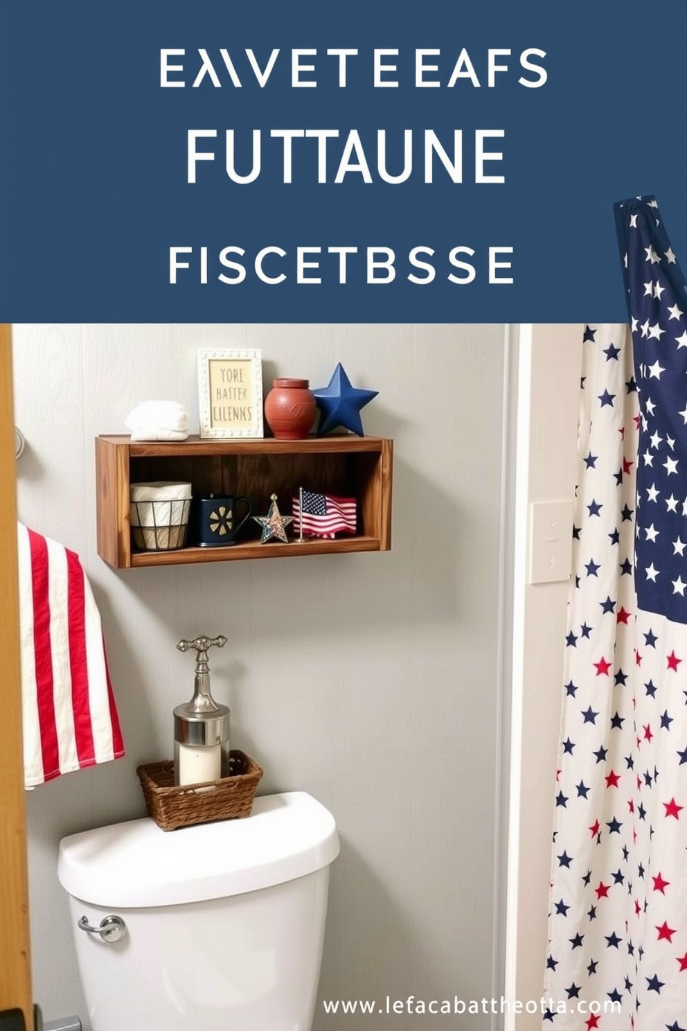 Create a vintage-inspired bathroom featuring decor pieces that celebrate the American flag. Incorporate elements such as a rustic wooden shelf displaying small flag-themed accents and a patterned shower curtain adorned with stars and stripes.